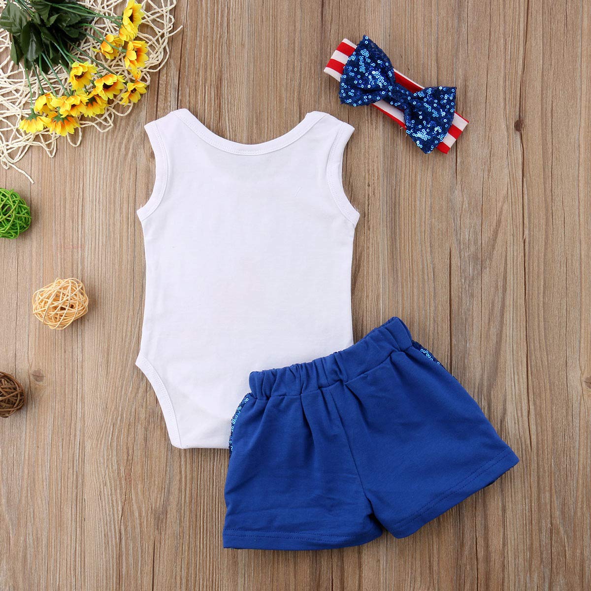 Newborn Baby Girls 4th of July Outfits Letter Romper Bodysuit Tops Ruffle Bloomers Shorts Pants Clothes Set (Blue,12-18 Months)