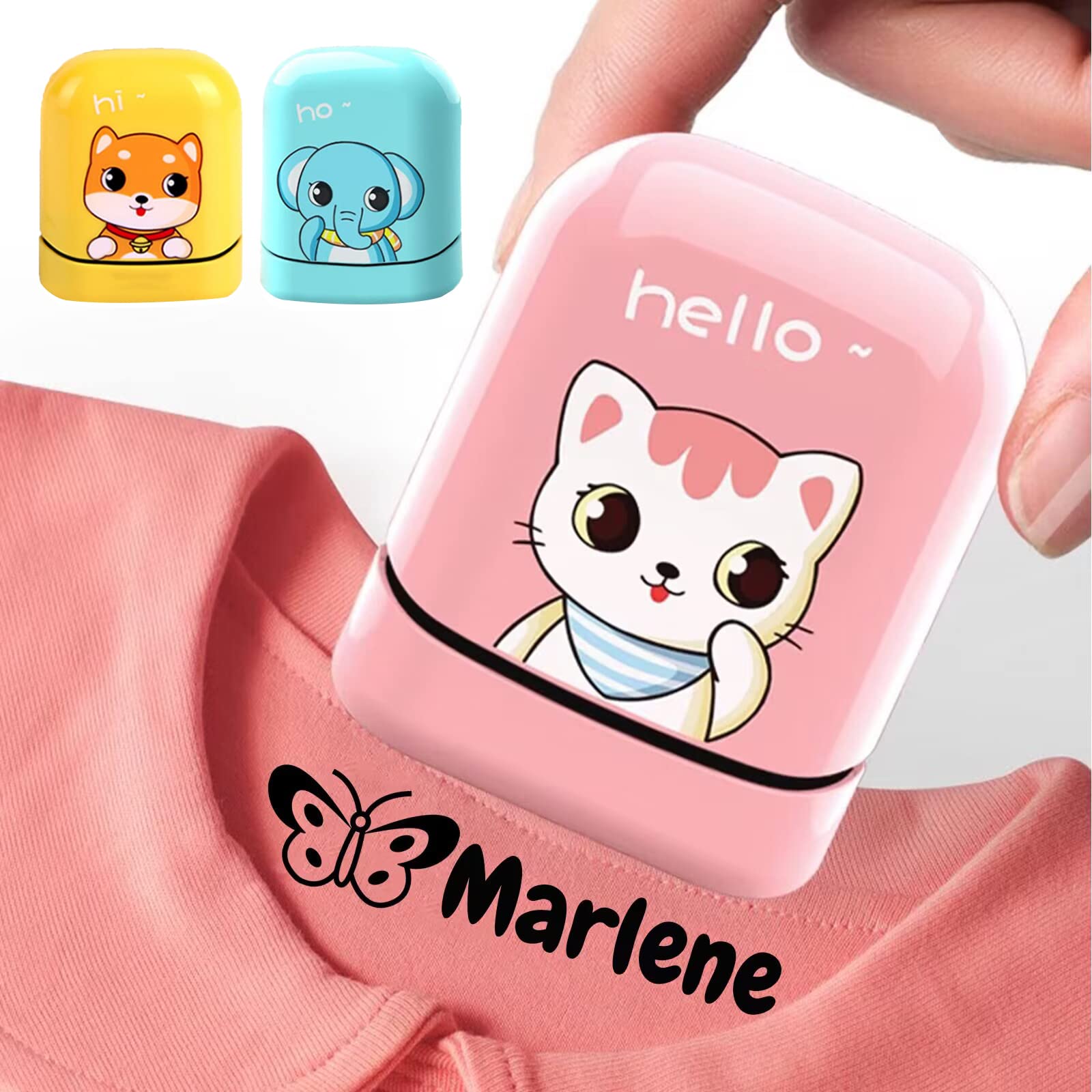 Name Stamp for Clothing Kids - 4 Styles & 36 Cartoon Patterns - Silicone Material - Pink, Blue, White, Yellow - Rectangular Shape - 1.8" x 0.8" - Up to 4 Lines - Waterproof & Fade-Proof