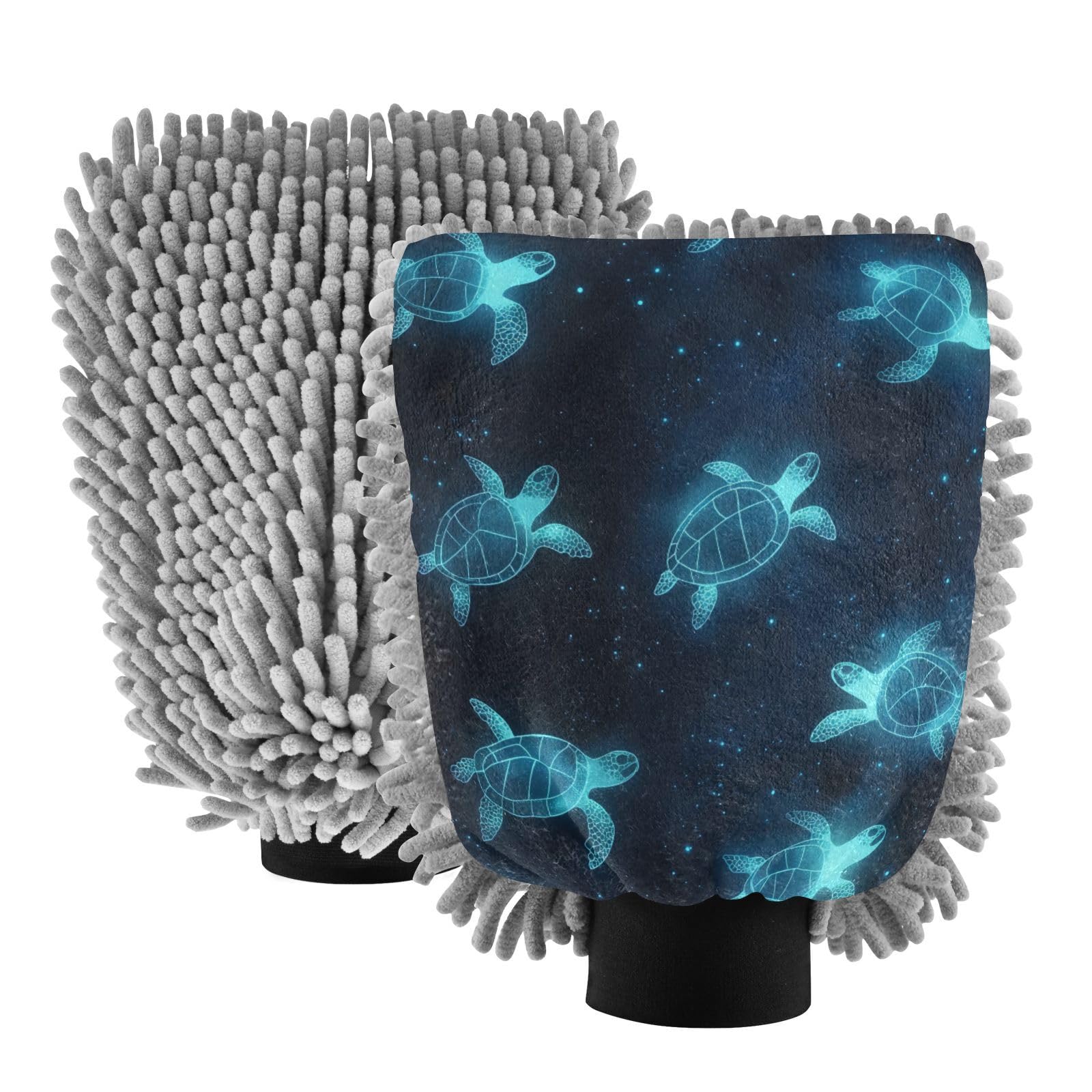 STAYTOP The Turtle Emitting Blue Light Car Wash Mitt Microfiber, 2Pcs Scratch Free Lint-Free, Premium Chenille Microfiber Mitt Car Wash Brush-M