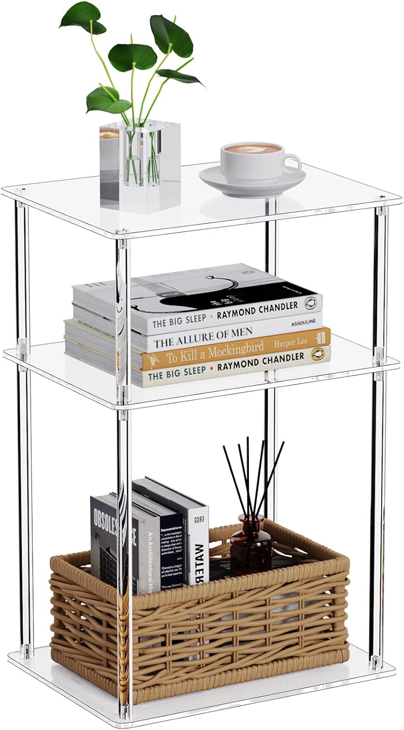 Clear Acrylic Side Table, 3-Tier End Table for Living Room, Small Bedside Tables Nightstand for Bedroom, Home Decor Accent Table, 15.7" L x 11.8" W x 23.6" H