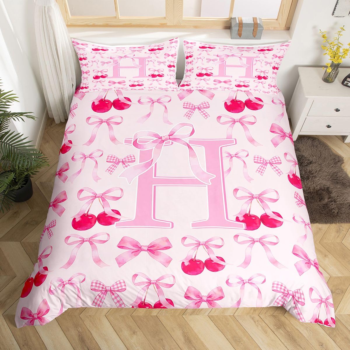 Loussiesd Kids Coquette Pink Bow Bedding Set Super King Size Personalized Initial H Duvet Cover for Boys Girls Teens Bedroom Decor Bowknot Breathable Soft Microfiber Princess With 2 Pillow Case