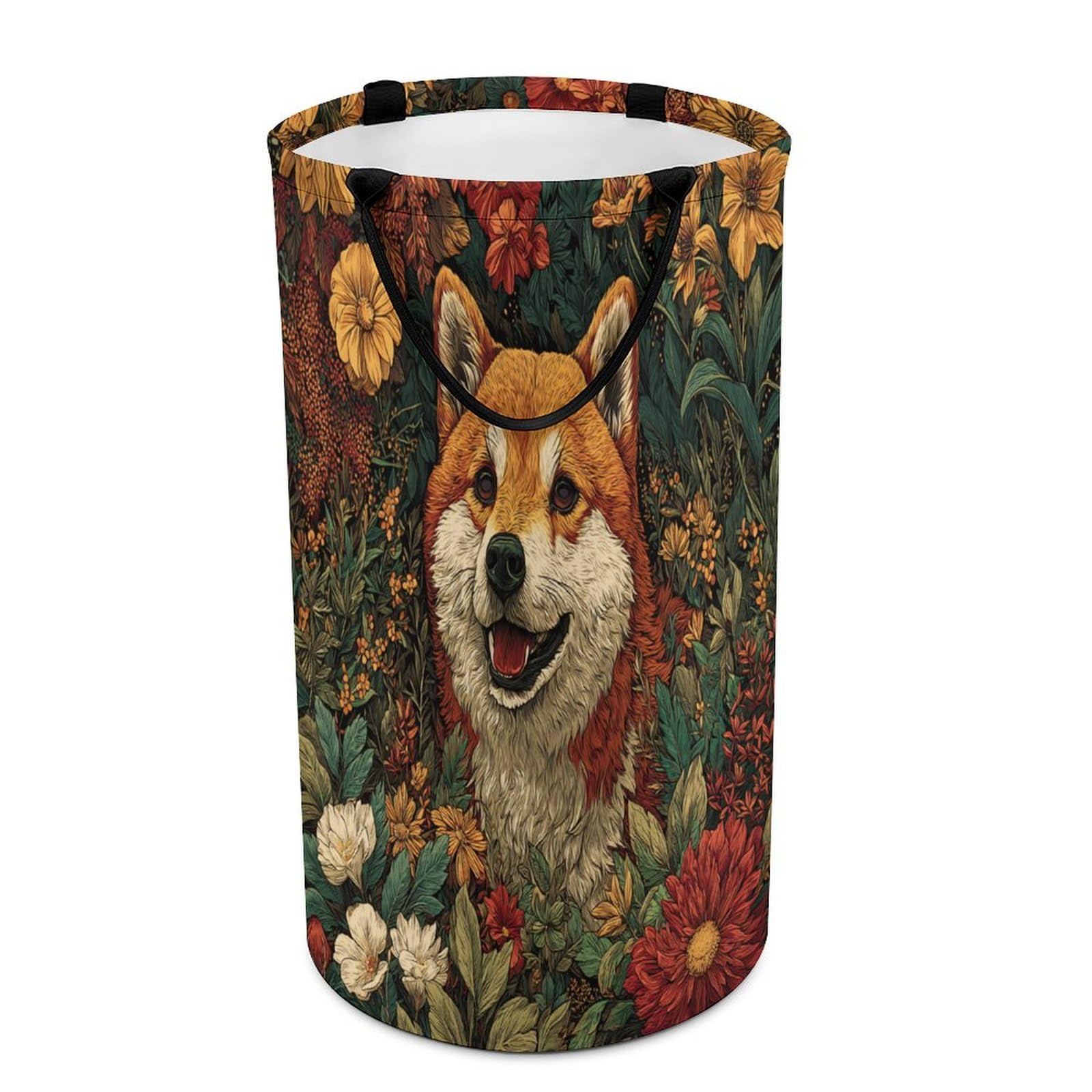 LUYYSKY Colorful Realistic Cute Dogs Collapsible Dirty Clothes Basket, Rustic Painting Art Spring Garden Animals Dogs Puppies Floral Portable Clothes Storage Basket
