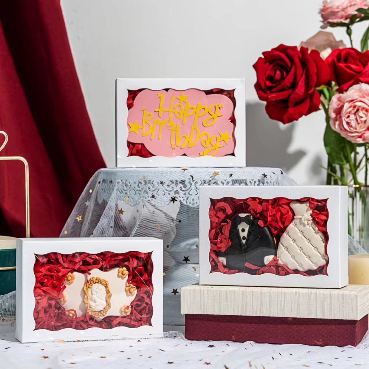 RomanticBaking 50 Pack DIY Assembly White 7 x 4 3/8 x 1½ inches Cookies Boxes with Window Bakery Packaging for Macaron Cakesickle Chocolate