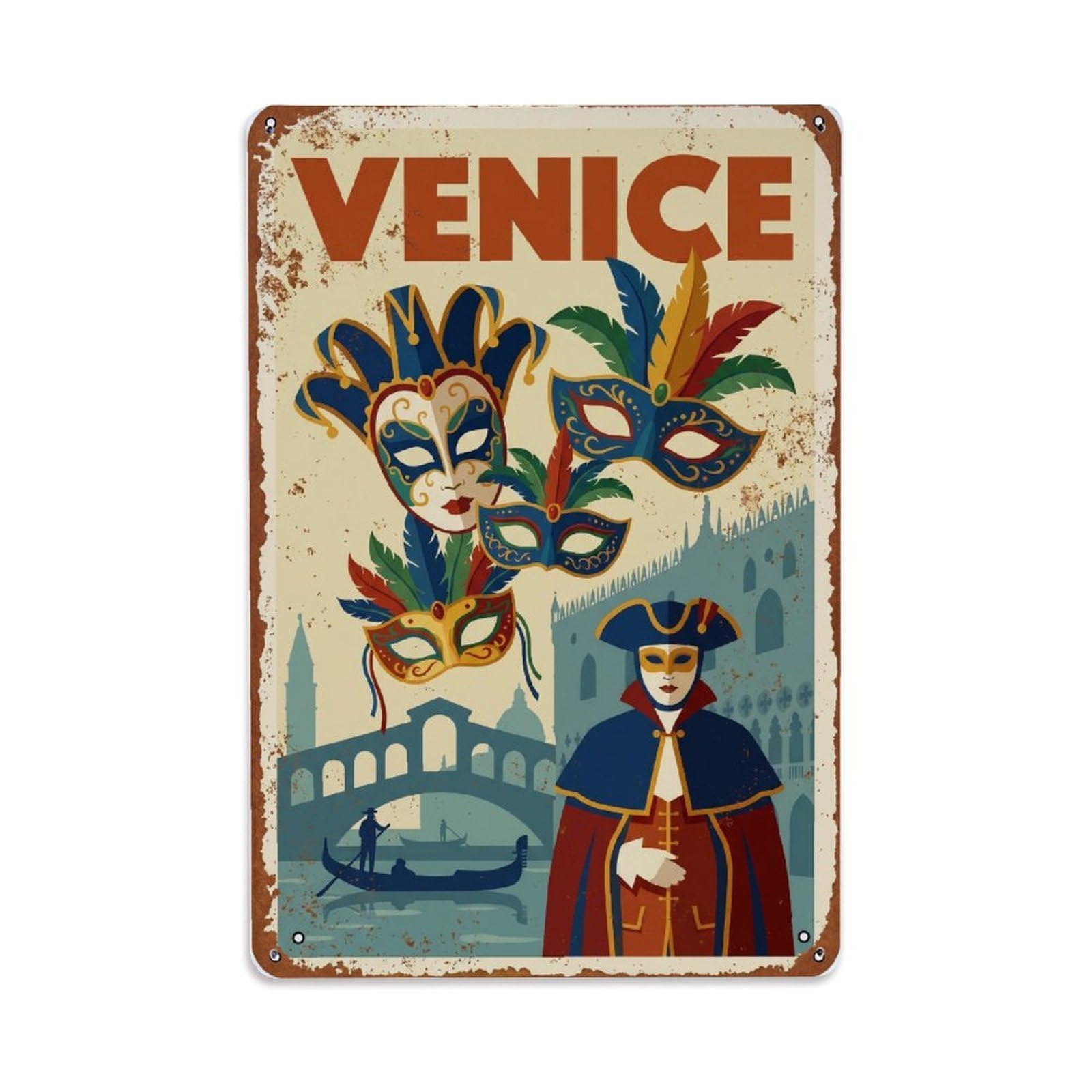 Vintage Travel Venice Carnival Masks Colorful Celebration Rusted Italy Metal Tin Sign Plaque Wall Decor for Cafe, Club Bar, Office, Home Garden Metal Poster 8x12Inch
