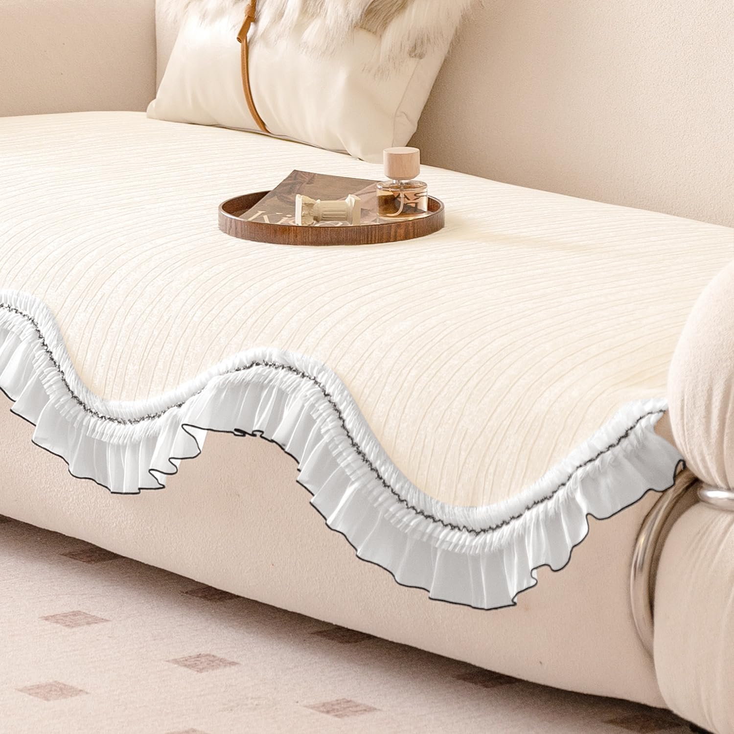 HOKIPO 'French Lace & Luxe' Sofa Cover Mat for 1/2/3 Seater & L Shape Sofa. Make Your Own Sofa Cover Set, Anti-Slip Mat Length 90(D) x 120(L) cm, Pearl Sheen White (AR-6131-WHT)-image-19