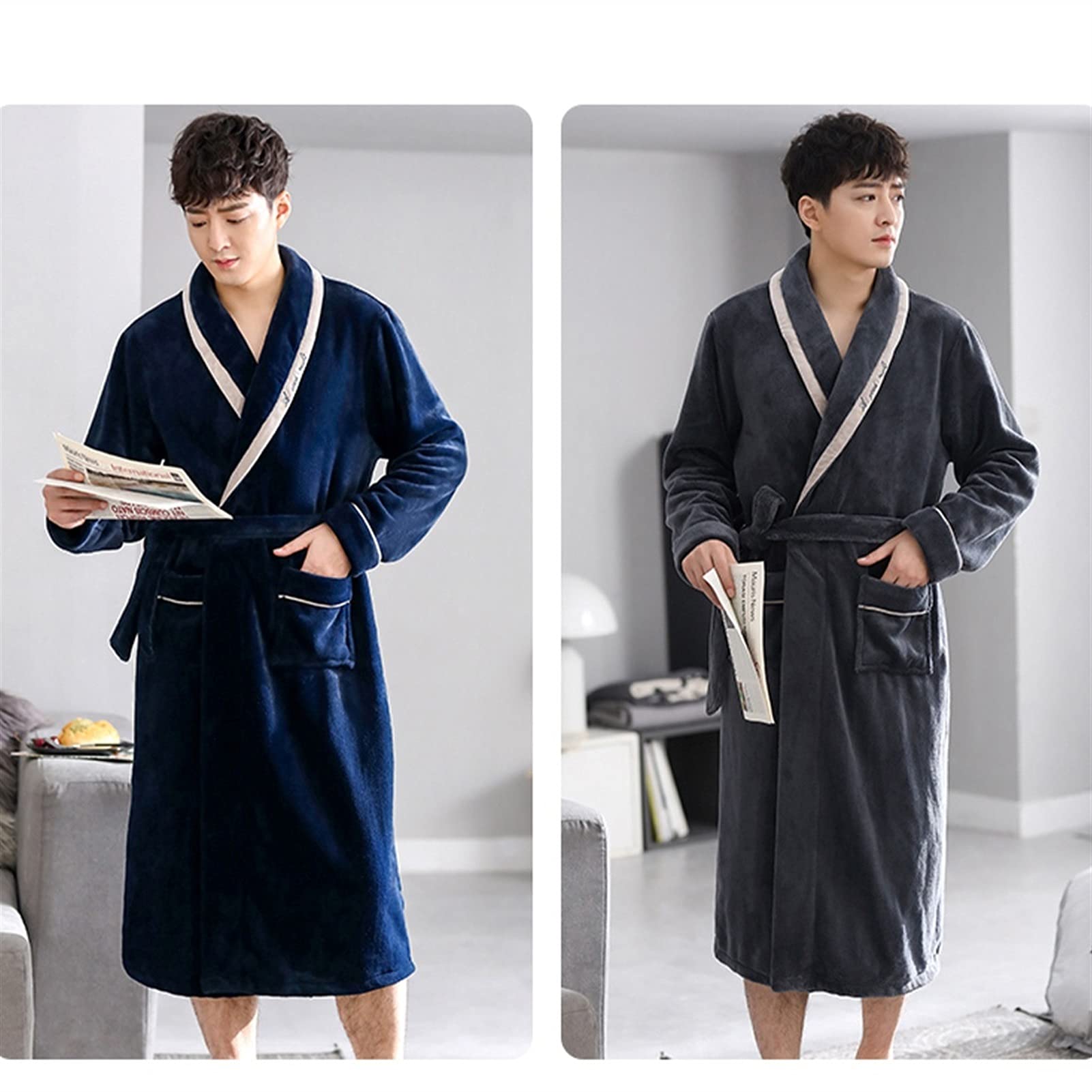GHYUB Albornoz De Forro Polar para Hombre,Albornoz De Lleven De Franela De Lujo, Bata De Baño Caliente Y Acogedora De La Banda De Baño con Cinturón Formen Fleece Bathrobe SPA Bobe