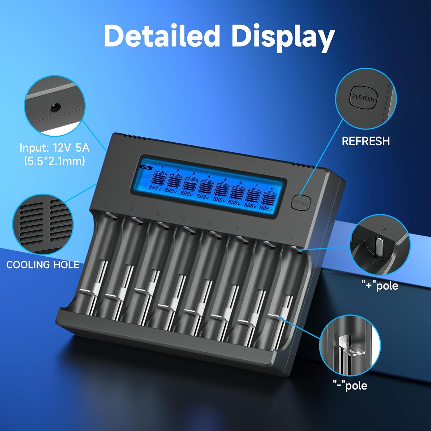 18650 Battery Charger, 8-Bay Smart LCD Display, Fast Charge Rechargeable Li-ion LiFePO4 Ni-MH Ni-Cd AA AAA RCR123 21700 26650 13650 16340 18350 18700
