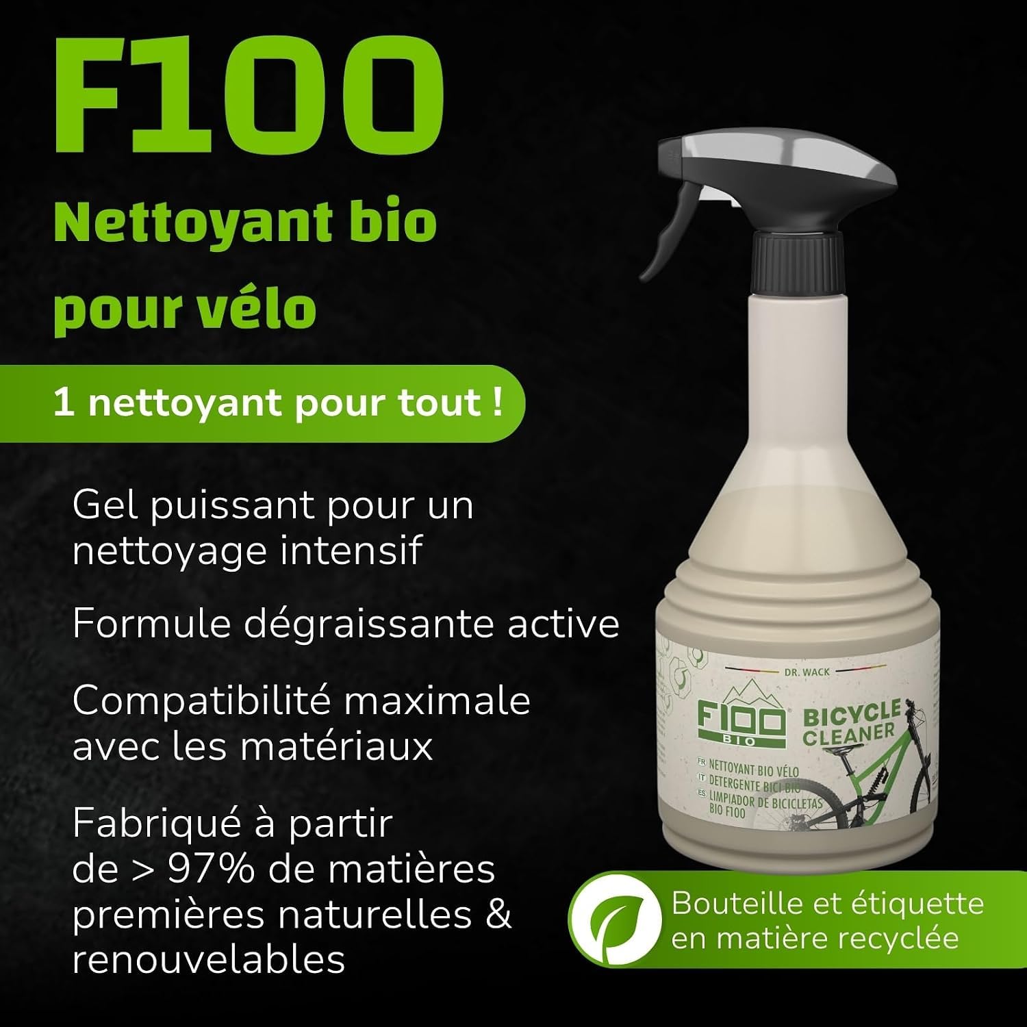 Dr. Wack - F100 Kit d'entretien Vélo Produits Bio - 4 Produits inclus - Nettoyant Vélo + Nettoyant Chaînes de Vélo + Brosse pour Chaîne + Chiffon Microfirbres - Fabriqué en Allemagne