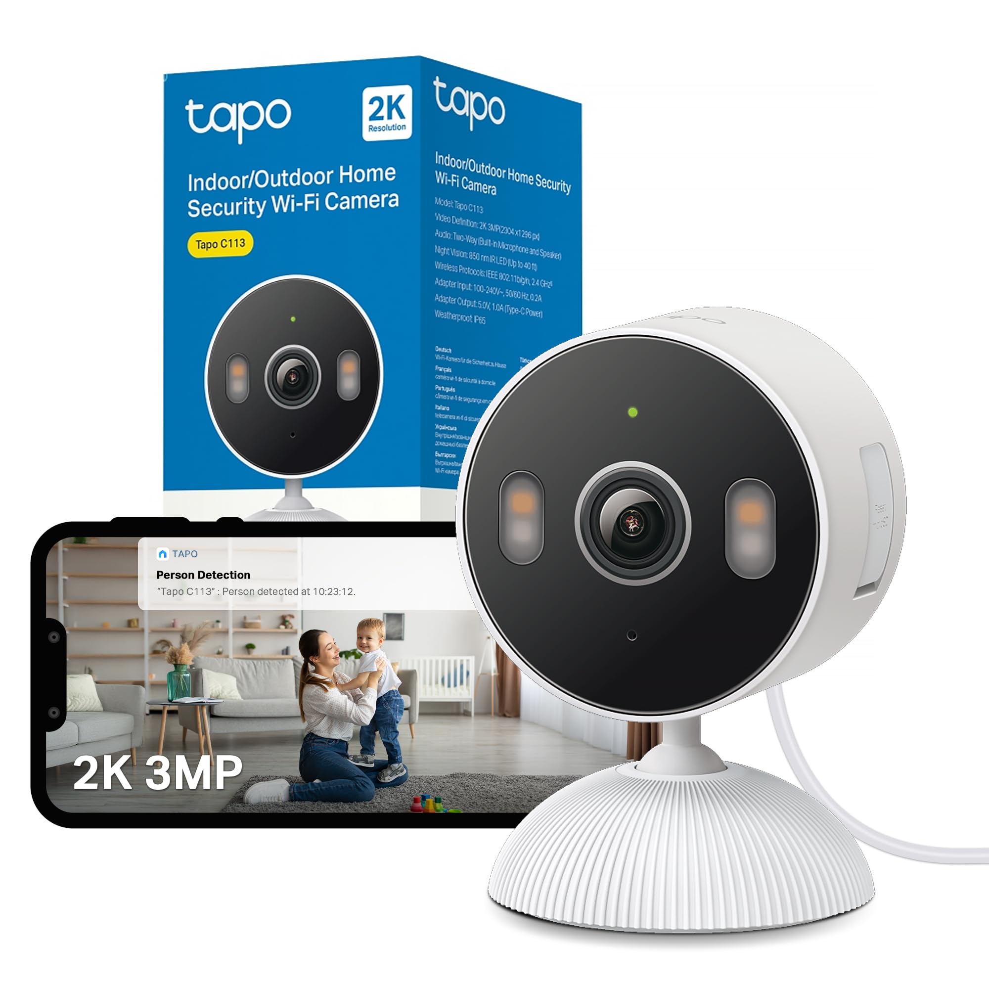 Tapo C113 2K 3MP Outdoor Camera Color Night Vision, Security Camera WiFi, IP65 Spotlights, Free AI Baby Cry Detection CCTV Camera, Indoor Cameras House Security, CCTV, Alexa