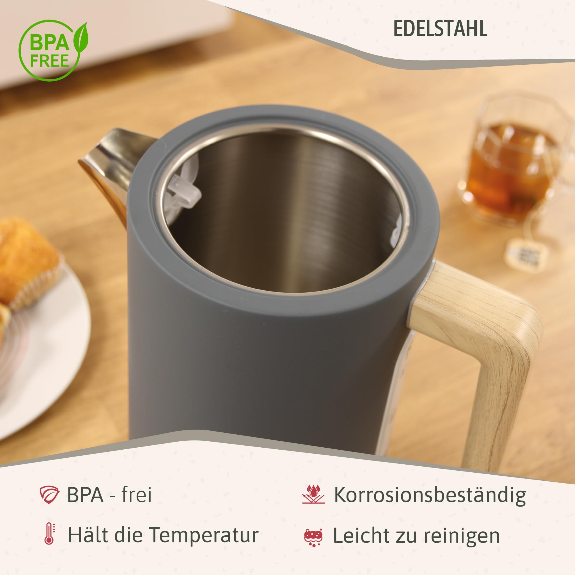 briebe Nordic Set Toaster 2 Scheiben Breite Schlitze Brötchenaufsatz 6 Toast Stufen Wasserkocher 1,7L 2200W BPA-frei Frühstücksset Grau