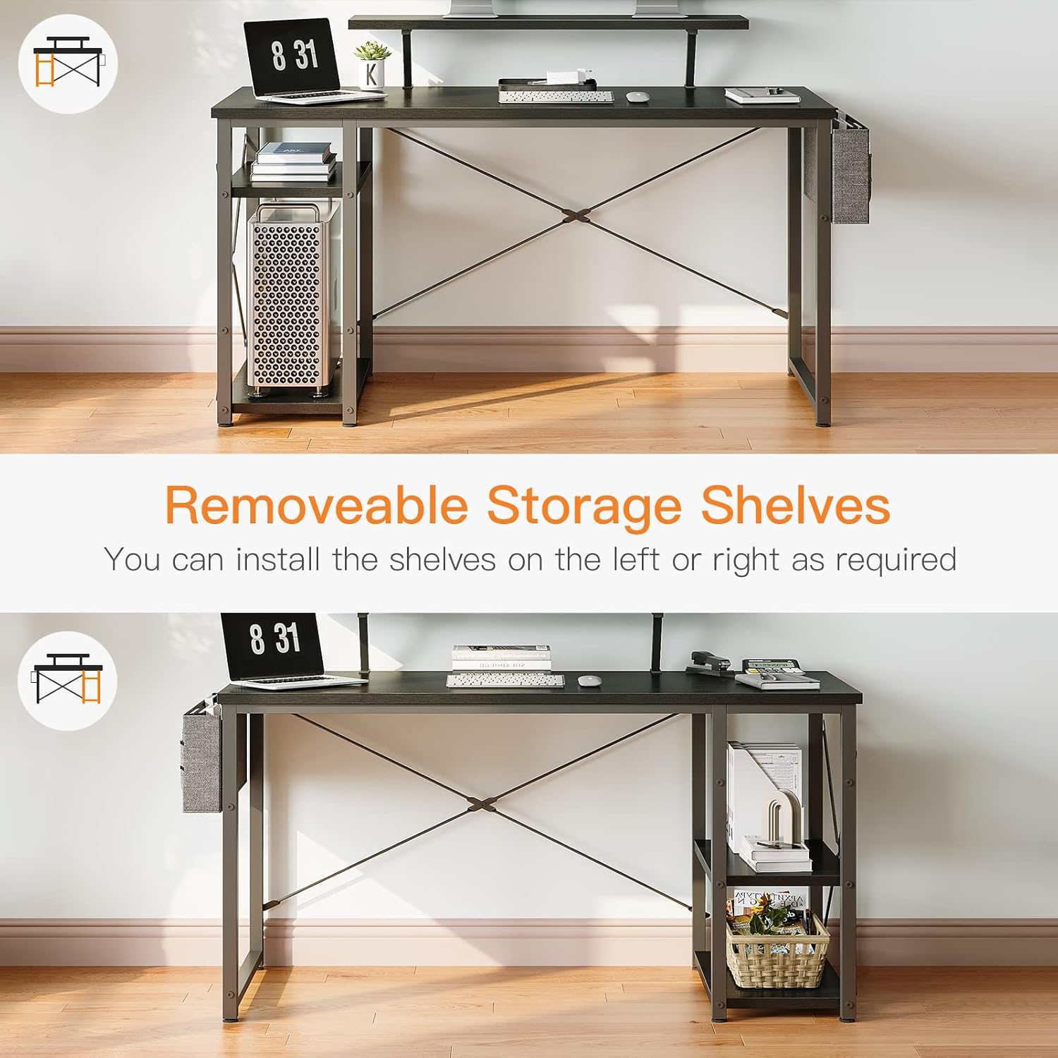 Diagram showing reversible storage shelves on ODK desk