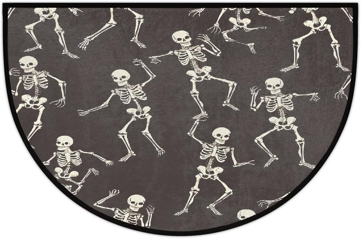 Half Round Door Mat Skull Black Funny Abstract Half Moon Rug Washable Half Circle Area Rugs Indoor Entrance Non Slip Semi Circle Bathroom Rugs Floor Carpet for Kithen Bedroom Fireplace Decor