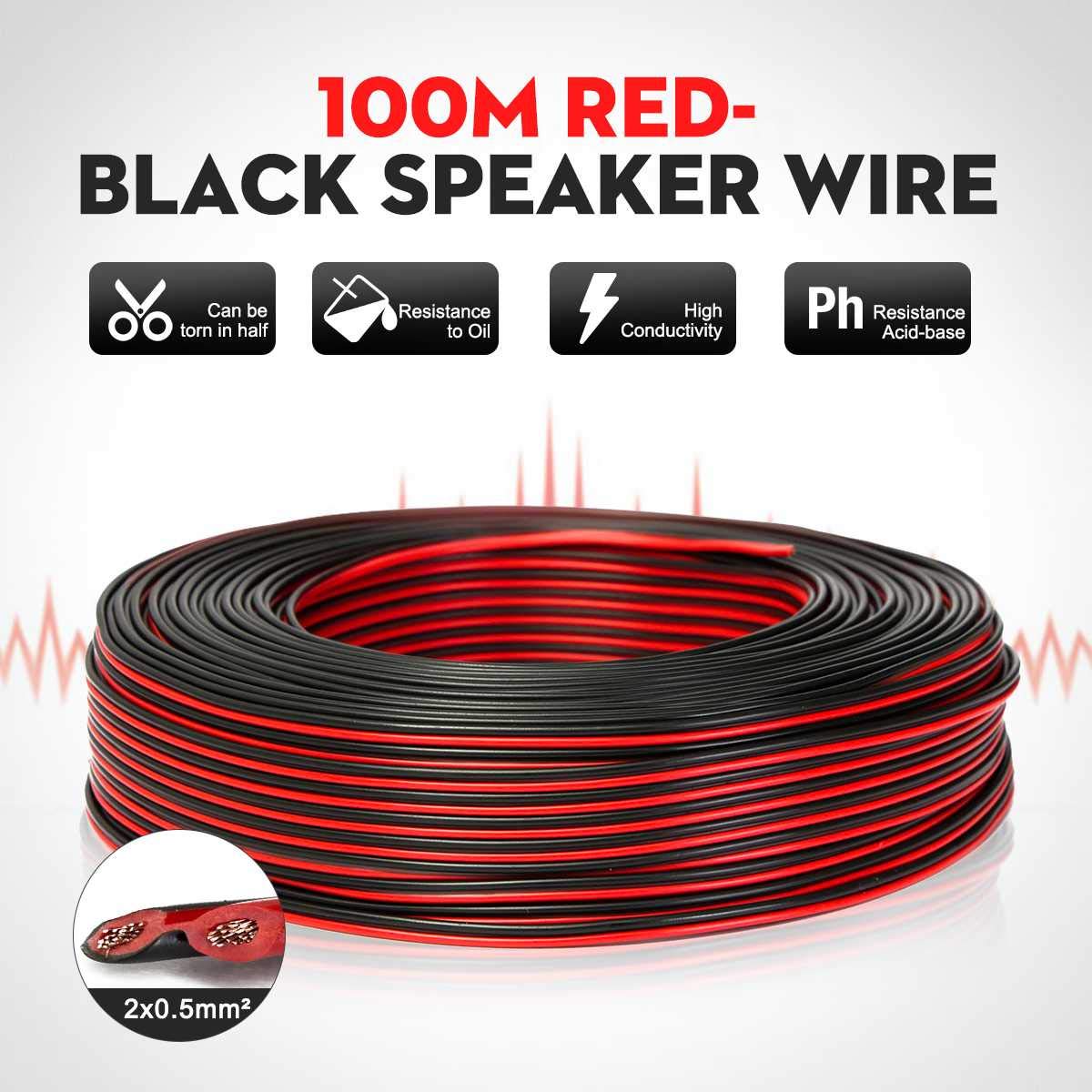 Kabel głośnikowy 100 m przewód audio rdzeń cynkowany miedź 2 x 0,50 mm 2-pinowy AWG do domowego stereo HiFi/samochodowego systemu audio czerwony i czarny