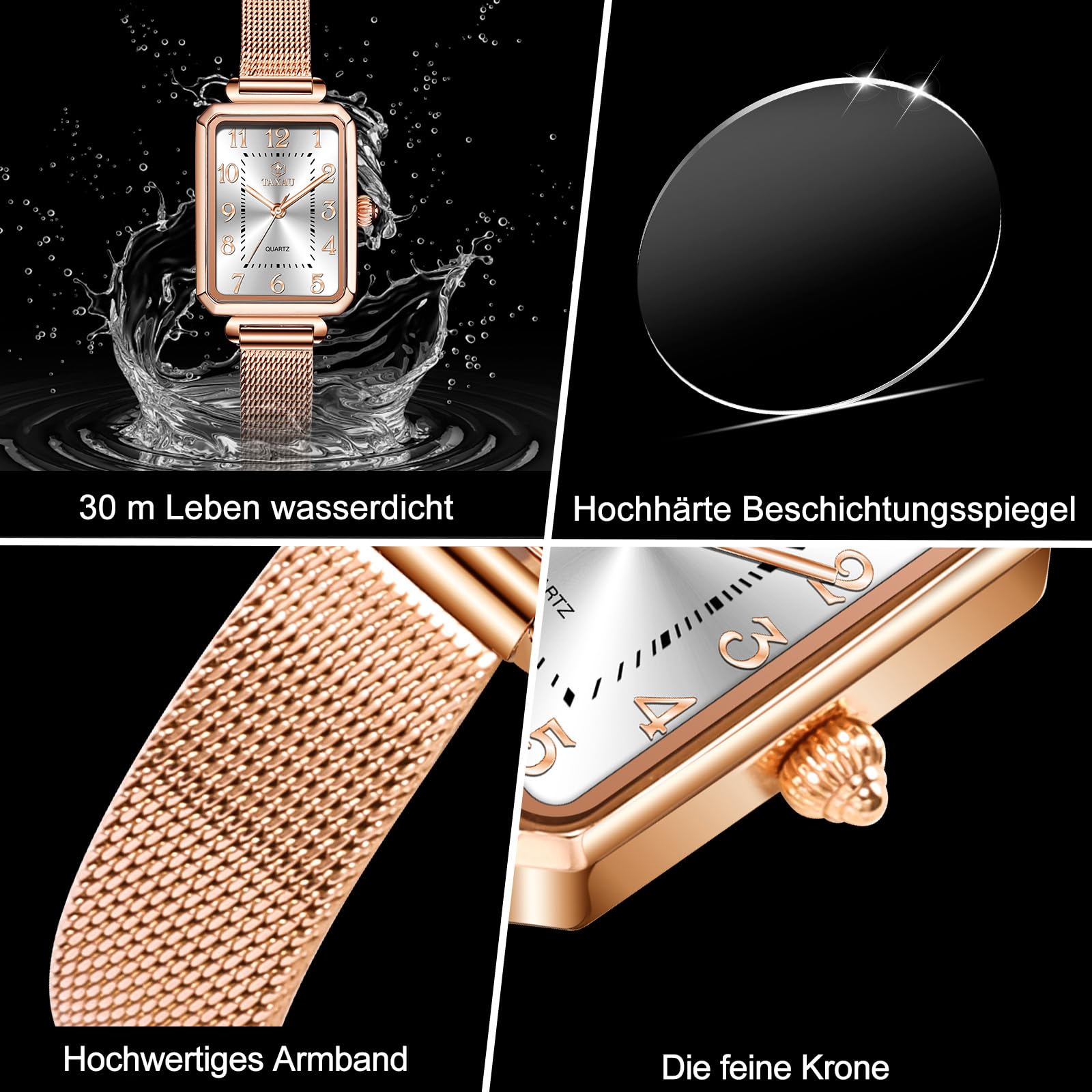 Taxau Damenuhr Luxus Quarz 30m Wasserdichtes Zifferblatt Leichtgewichtige