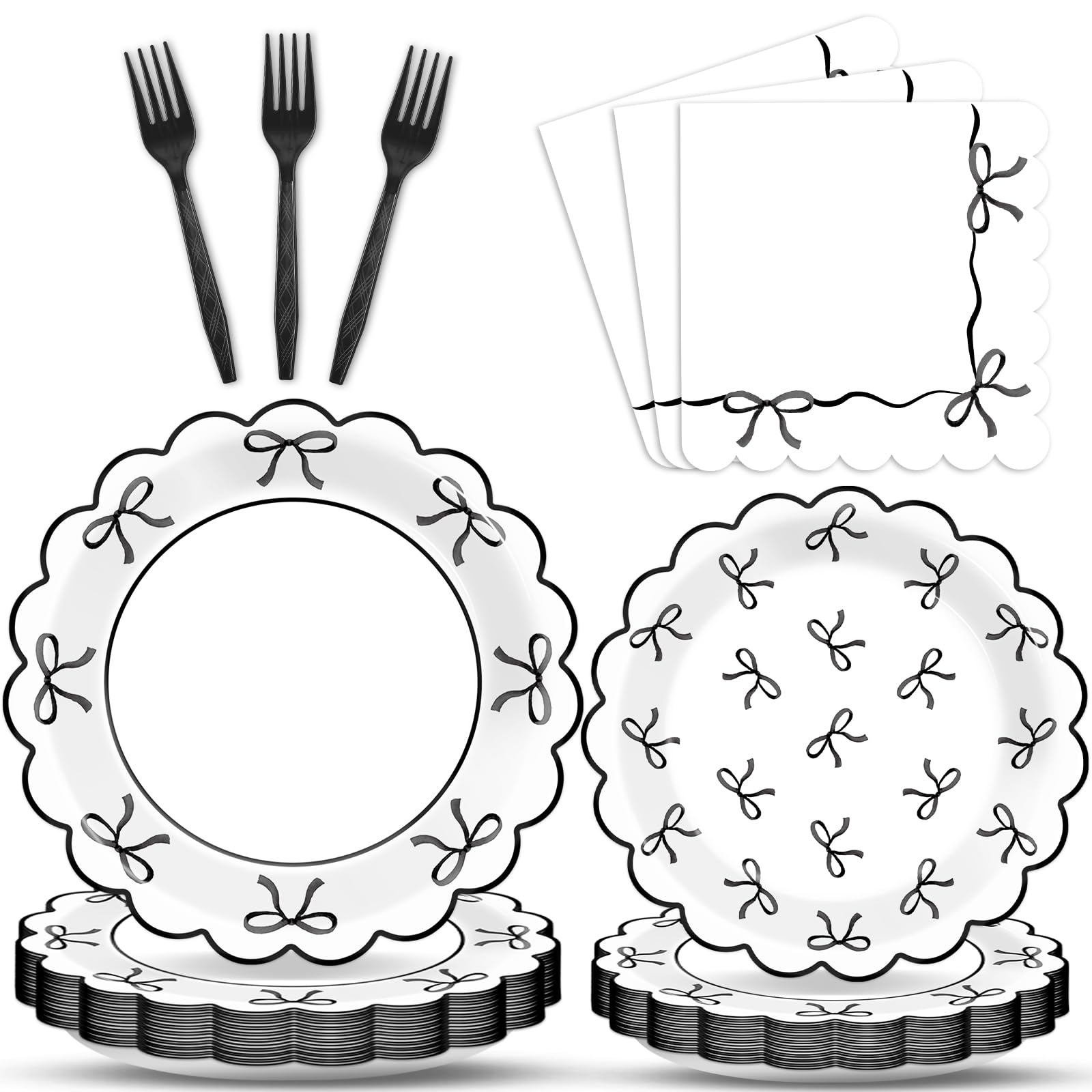 96Pcs Black White Bow Party Decorations Girl Coquette Birthday Paper Plates Napkins Supplies Bowknot Themed Cake Tableware Dinnerware for Bachelorette Engagement Wedding Baby Bridal Shower Serves 24