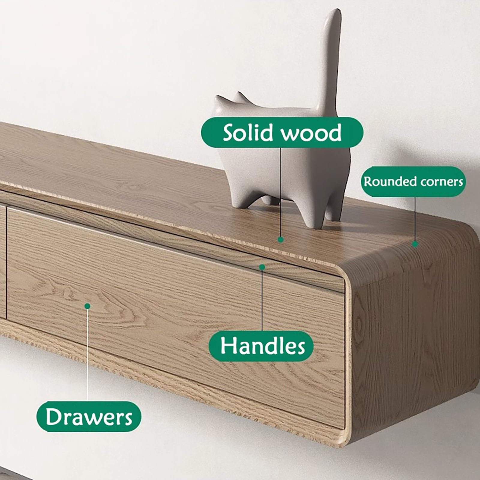 Mobile TV sospeso sottile da parete, in legno massello, console multimediale con ripiano portaoggetti per piccoli spazi, design moderno (legno + bianco, 200 cm)