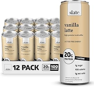 Slate Milk - Café helado alto en proteínas, latte de vainilla, 175 mg cafeína, 0 lactosa, 0.71 oz proteína, 0.04 oz azúcar, 100 calorías, 0.04 oz carbs netos, 0 azúcar extra, 11 fl oz, 12 latas
