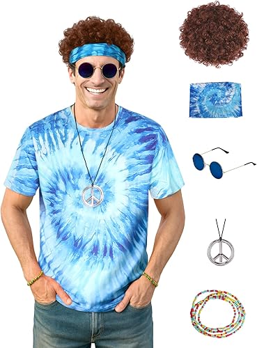 Vista 14 de Disfraz hippie para hombre, trajes de los años 60 y 70 para hombre, conjunto de camisa de teñido anudado con flecos, chaleco de carnaval, peluca
