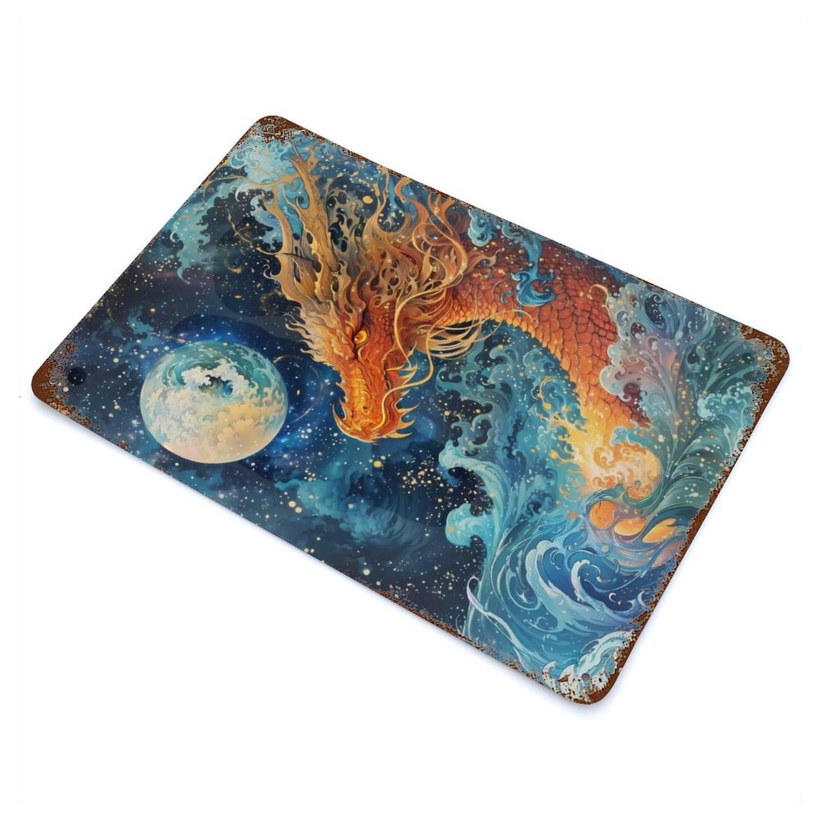 Celestial Dragons Gaze Rusty Metal Tin Sign 11.8"x7.9", for Patio, Garden Room And Bar Decor, Old School Wall Decor