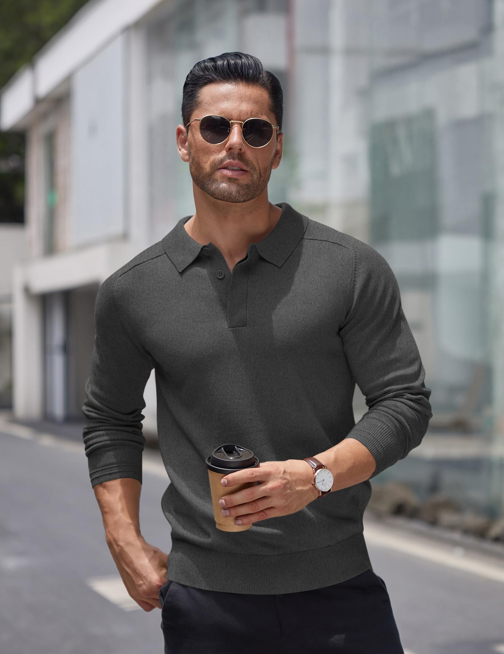 COOFANDY Maglione Polo Uomo Maglione Lavorato a Maniche Lunghe Business Maglioni Casual Pullover Tinta Unita