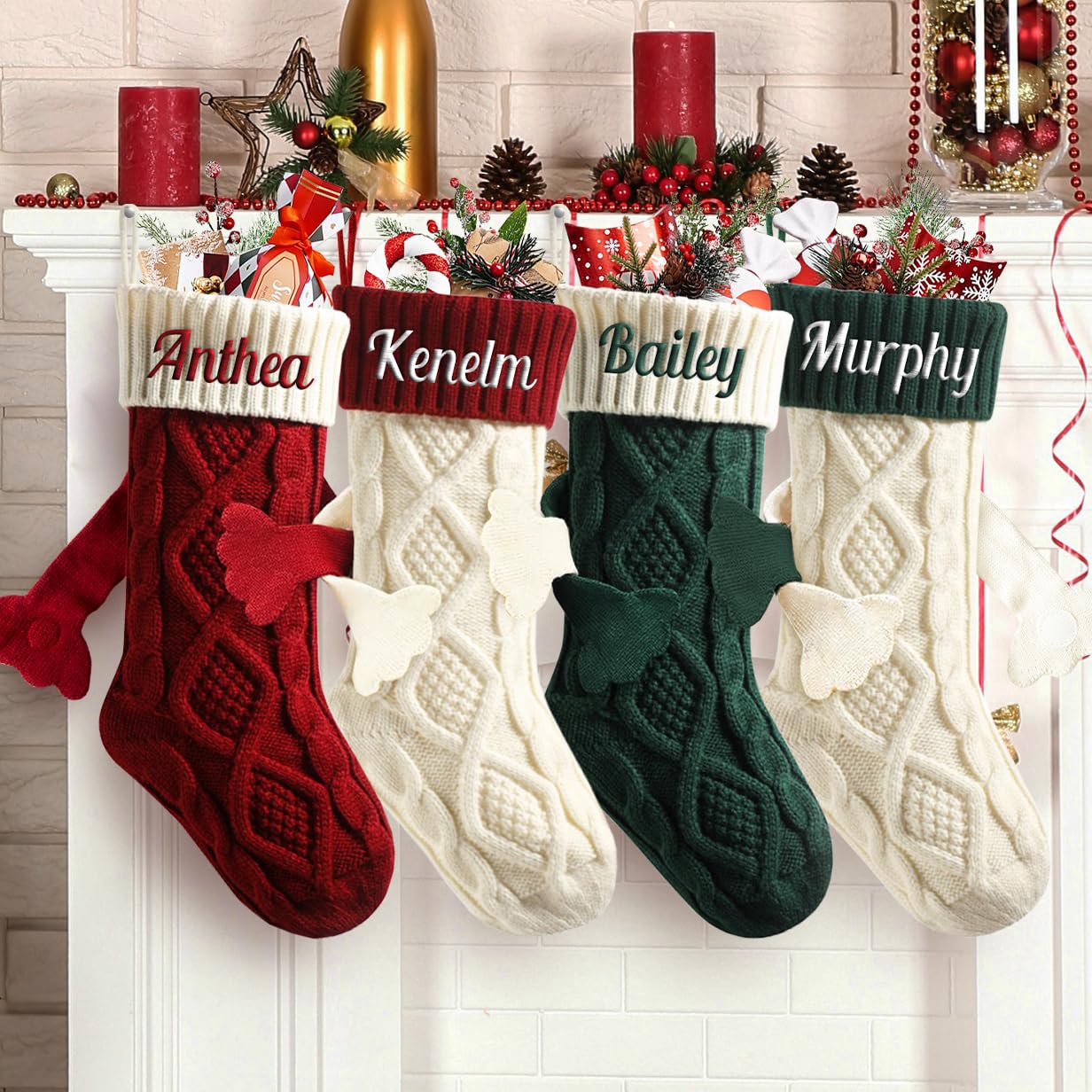 Personalized Christmas Stockings Set of 2 Custom Name Family Christmas Stockings 18” Large Knit Knitted Xmas Stocking for Kids, Rustic Farmhouse Fireplace Hanging Ornament Holiday Xmas Decoration