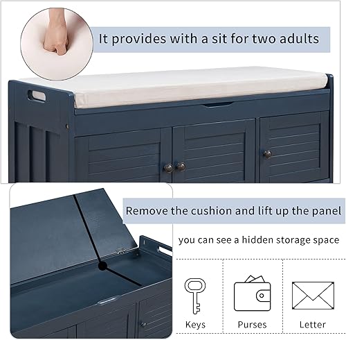 Miniatura 6 de P PURLOVE Banco de almacenamiento de madera con 3 puertas en forma de persiana banco de zapatos con espacio de almacenamiento de 2 tamaños y con