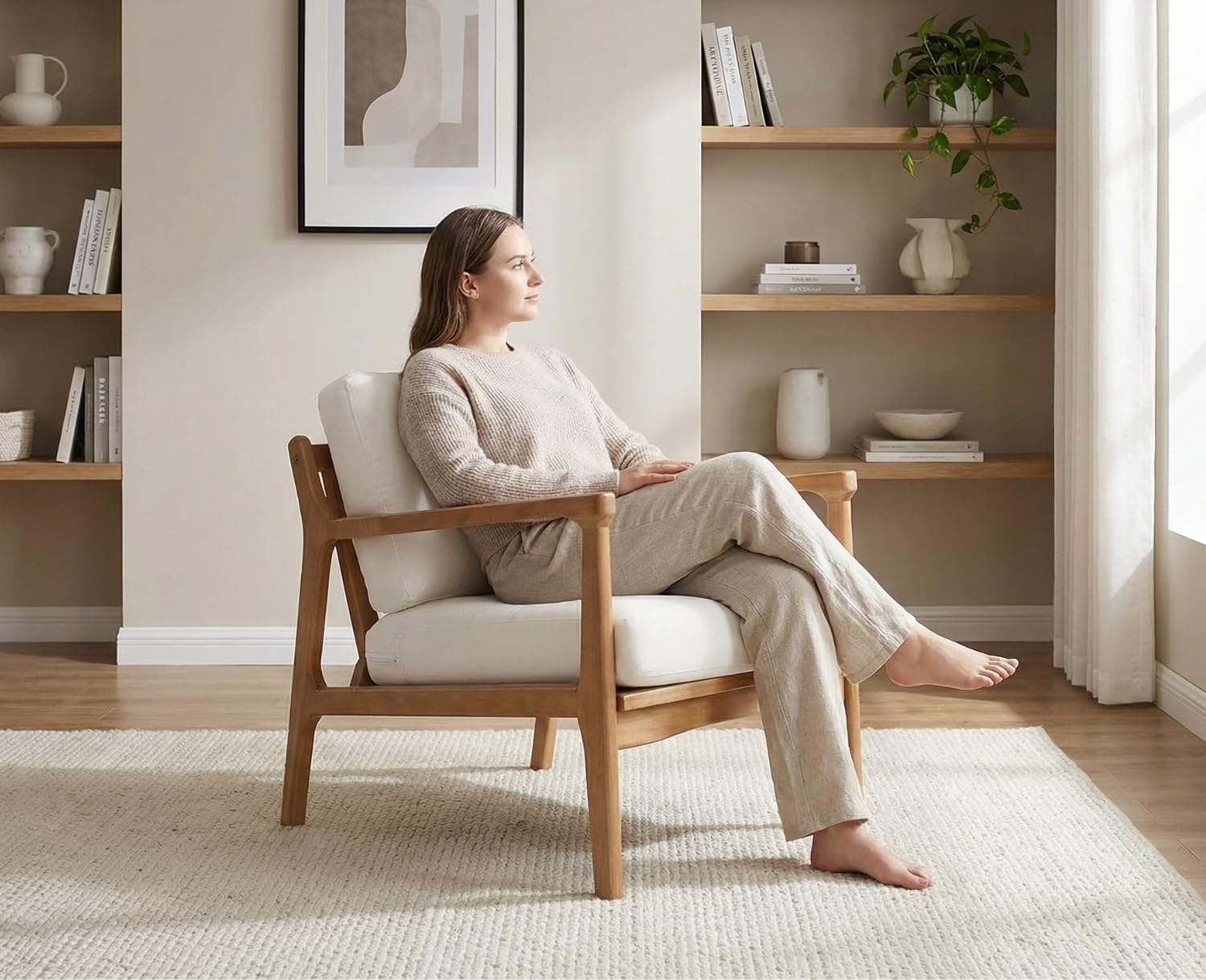 Ya-Home Poltrona Imbottita Sedia da Salotto in Tessuto di Lino Poltroncina Moderna con Struttura Legno Massiccio Sedie Imbottita con braccioli per Camera da Letto/Soggiorno, Beige