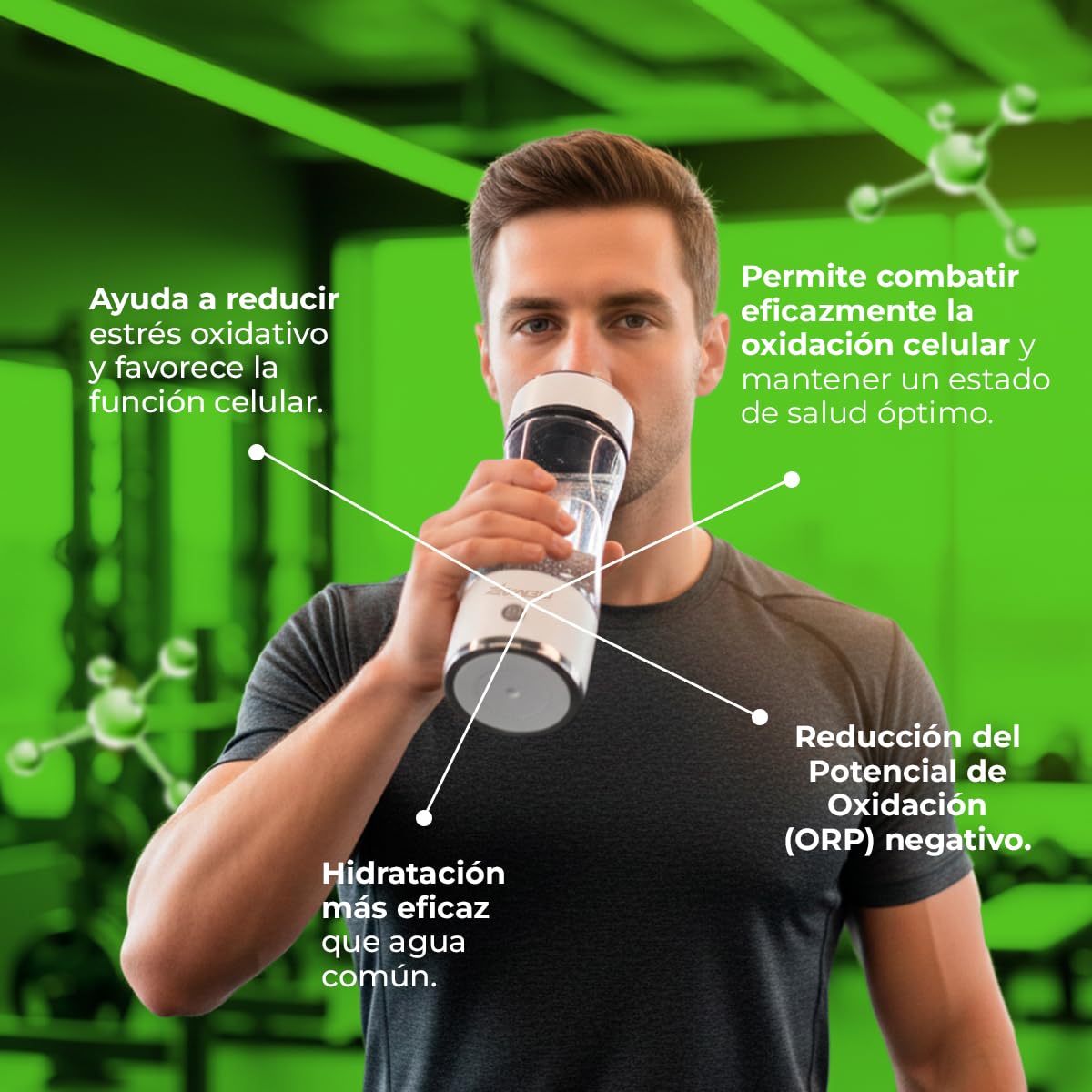 Botella de Agua Hidrogenada – 1300 PPB de Hidrógeno Molecular – Tecnología SPE/PEM de Alta Pureza – Agua con ORP Reducido – 450 ml (Molecular Curve)