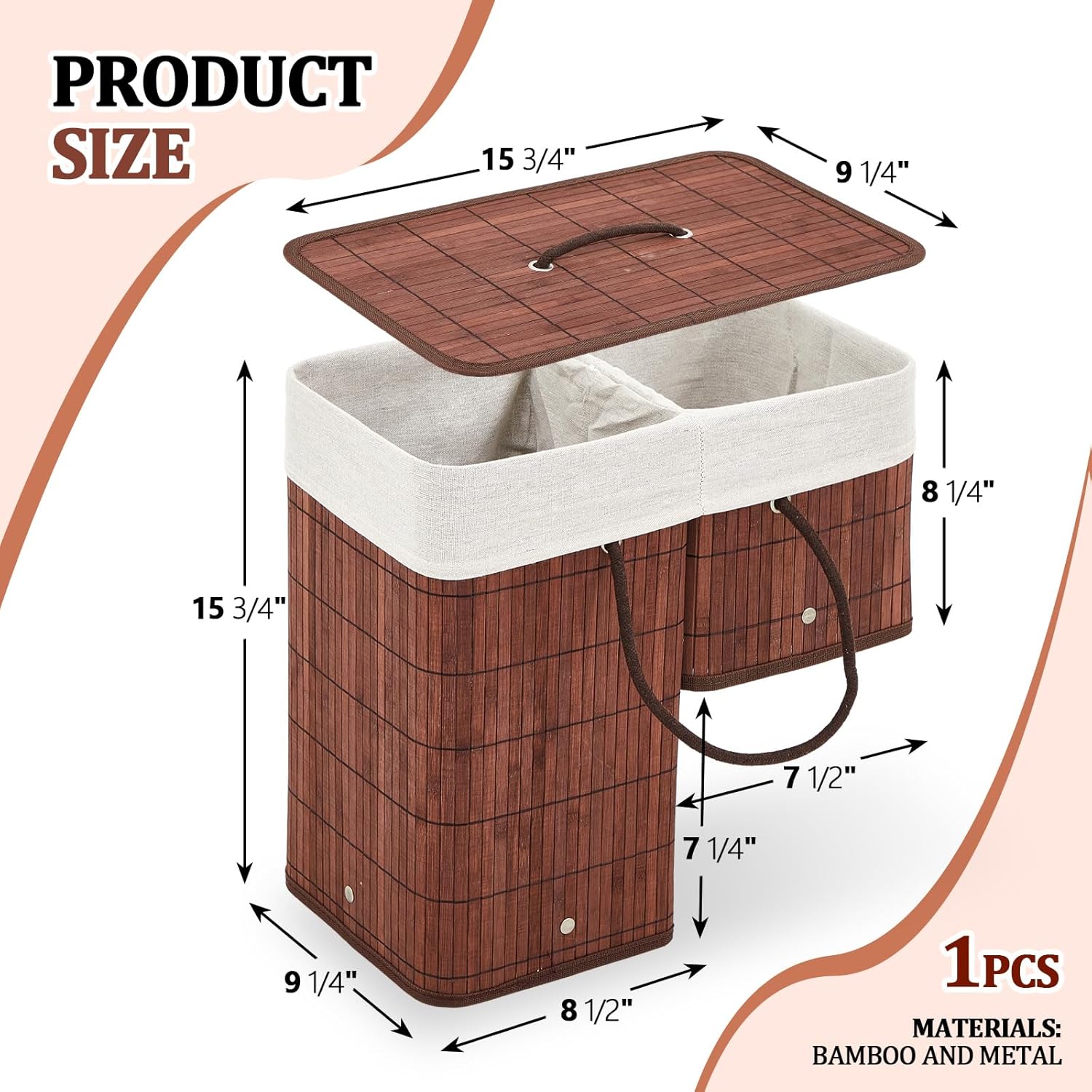1 Stair Basket with Lid and Handles, Foldable Staircase Baskets for Carpeted and Wooden Stairs, Bamboo Step Storage Organizer for Toys Clothes Books (Brown)