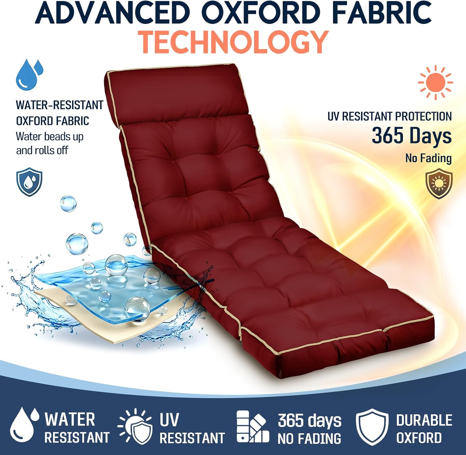 MAGIC ELEPHANT Chaise Lounge Cushion Outdoor, Memory Foam Patio Lounge Chair Cushion with Ties for Indoor Outdoor Furniture, Water-Repellent Replacement Long Chair Cushion (Burgundy)