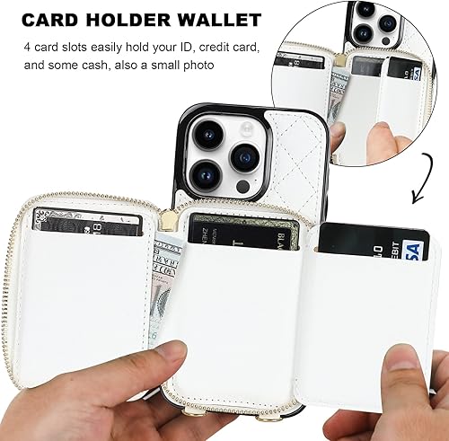 Miniatura 4 de Bocasal Funda tipo cartera cruzada para iPhone 14 Pro, con bloqueo RFID, de piel sintética, con cremallera, funda tipo cartera con función atril y