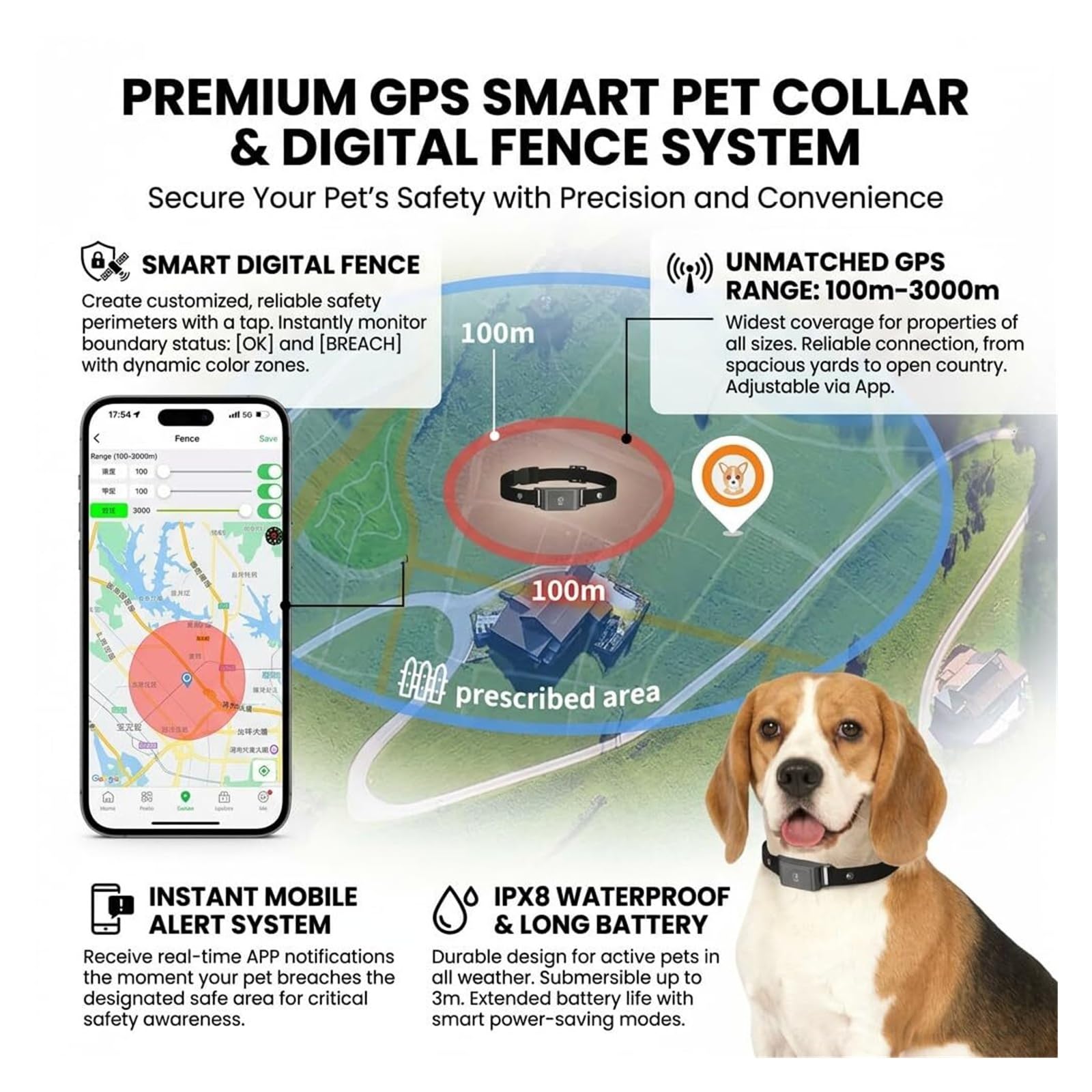Collar rastreador GPS for Perros con Monitor de Salud: Seguimiento de ubicación en Tiempo Real, Collar for Perros y Gatos, Espera de 3 a 7 días, Carga magnética, Alternativa de tracción