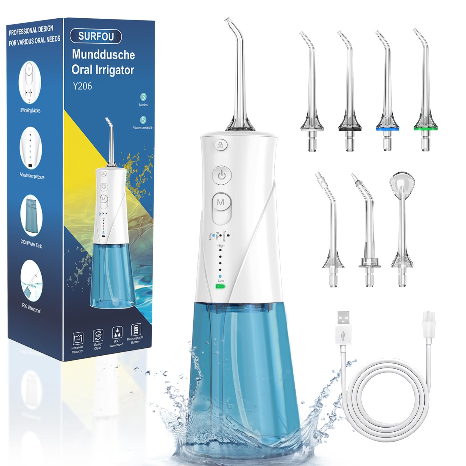 SURFOU Dental Irrigator, Portable Oral Irrigator with 7 Nozzles 3 Modes 5 Water Pressure 230 ml, IPX7 Waterproof USB Rechargeable Irrigator for Travel and Home Use