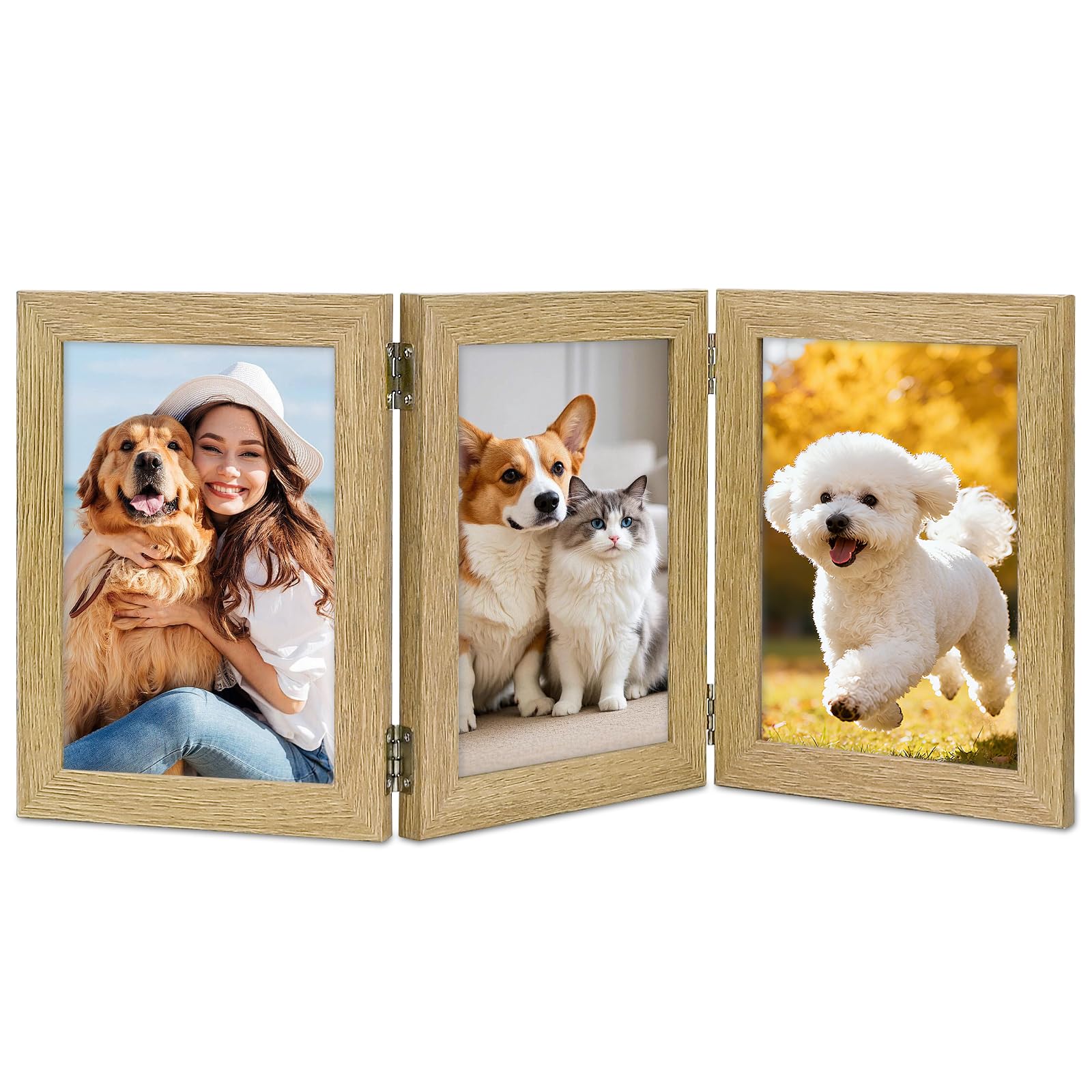 ROYUEXT Triple Folding Photo Frame, Multi Picture Frame with 180Β° Folding Hinge, Family Frame Front Stand Vertical on DesktopTabletop & Wall Display, Wood, 5x7 Inch