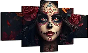 Cawpom Day of the Dead Wall Art Sugar Skull Wall Decor Picture Mexico Day of the Dead Girl Canvas Print Painting Poster Frame Home Living Room Bedroom Decoration 5 Panels(60x32 inches)