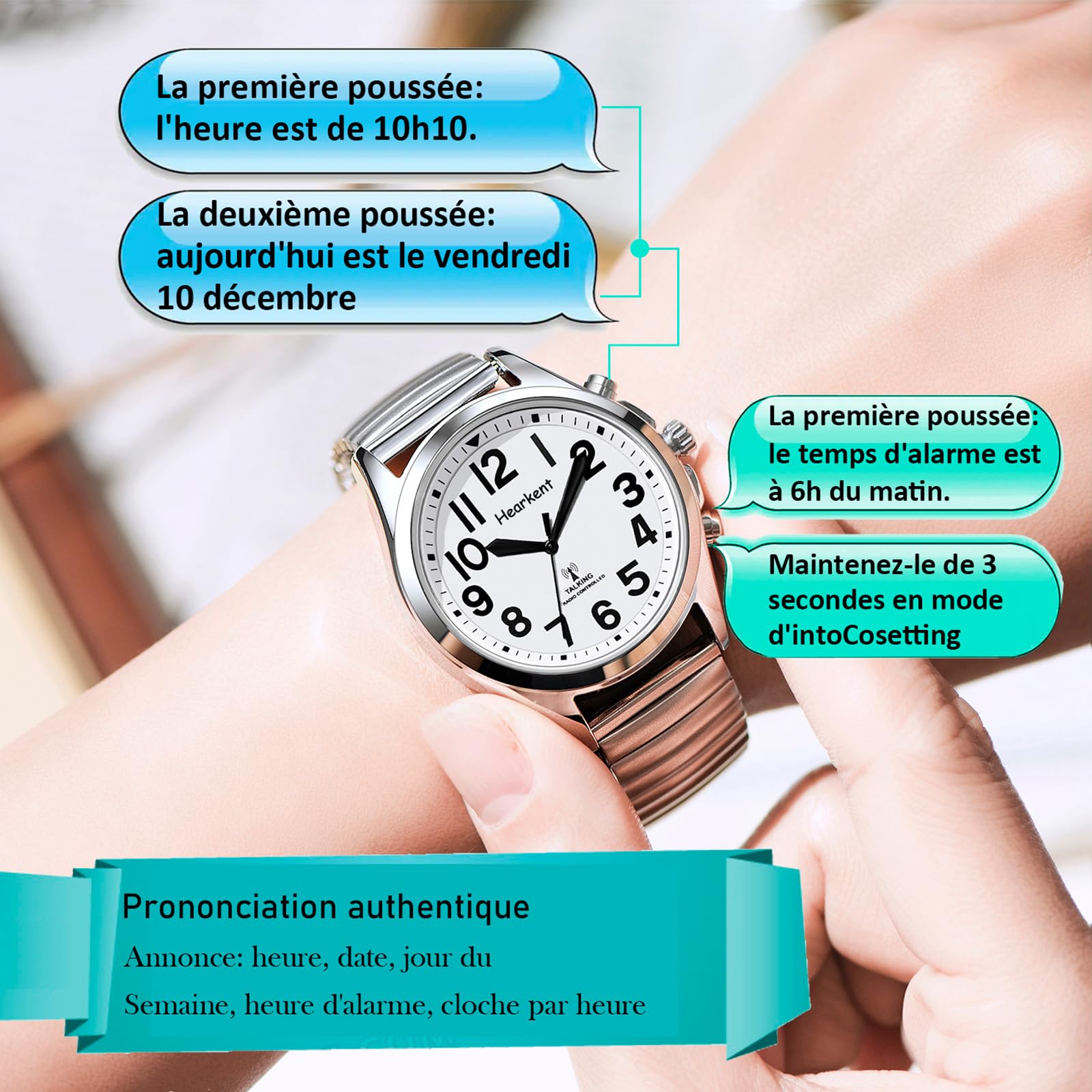 Hearkent Orologio parlante da donna con numeri jumbo, facile da leggere per anziani ipovedenti, auto-regolazione per anziani, rilegati, orologio da polso, cronometraggio preciso
