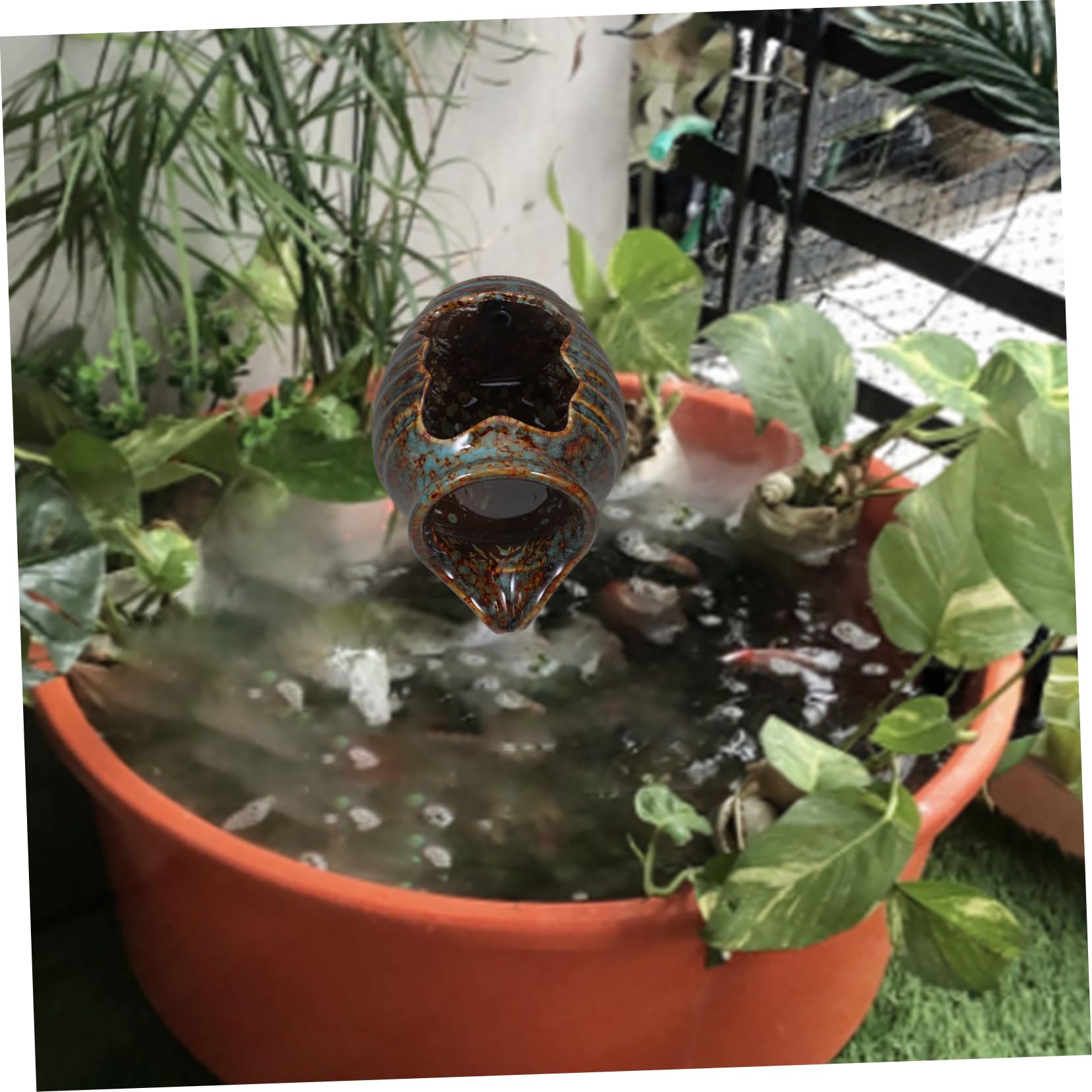Fontaine de cascade circulante en céramique Vase hydroponique Décoration de jardin Intérieur et extérieur Aquarium hydroponique avec pot de fleurs 4,88 pouces