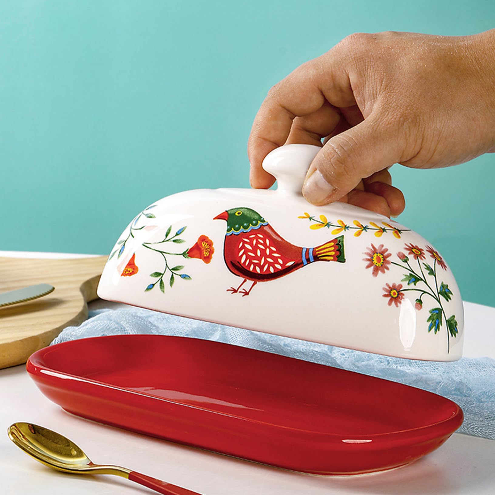 Buttergericht mit Deckelkeramik, elegantes Blumenmuster Buttergericht Buttergericht mit Deckel Keramik Kreatives Buttergericht mit rutschloser Bodenkäseschachtel Buttergerichte für Küche, Restauran