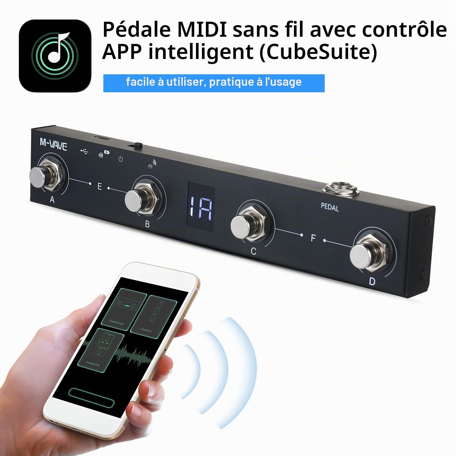 Btuty Chocolat BT Contrôleur MIDI sans fil Rechargeable 4 boutons Pédale MIDI portable Pédale Contrôle APP