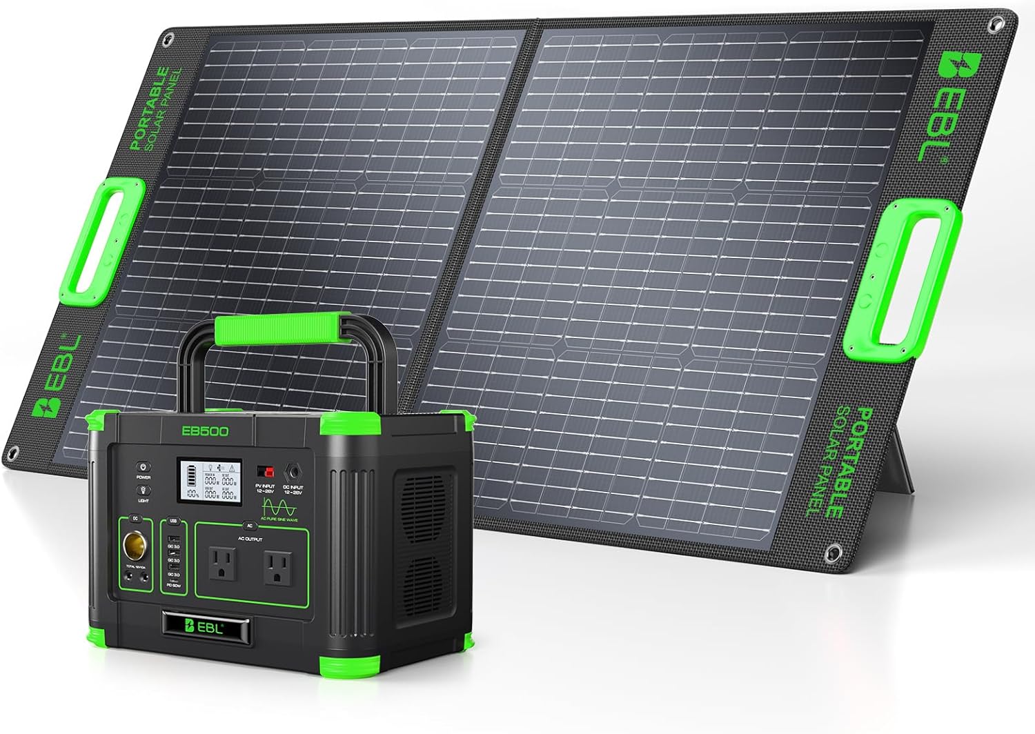 EBL 500W Transportable Energy Station with 100W Transportable Photo voltaic Panel 20V, Outside Photo voltaic Generator 500W(Peak 1000W) Backup Battery Pack Photo voltaic Equipment for RV/Van Tenting Fishing Climbing Highway Journey Residence Emergency