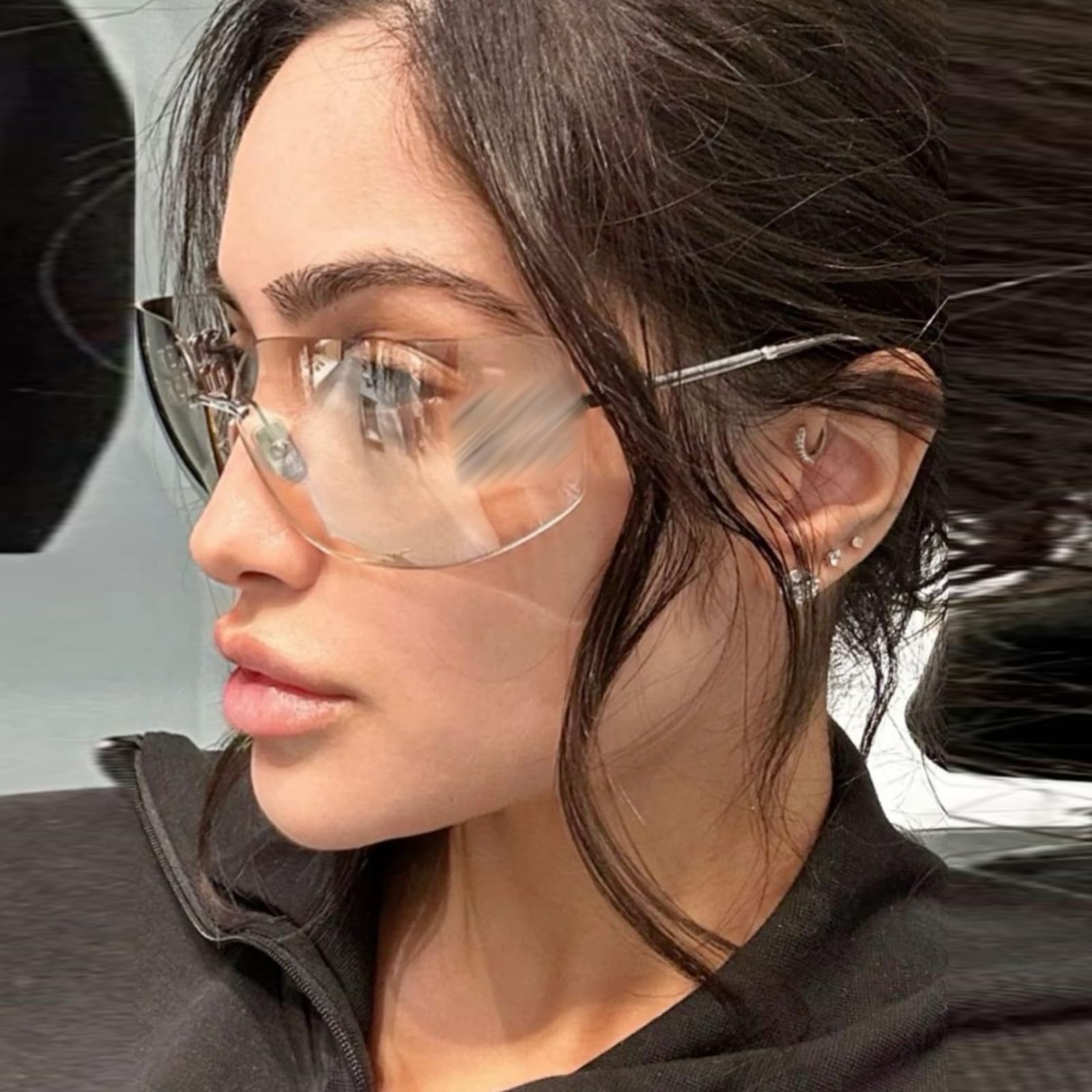 Fashion Rimless Square Sunglasses for Women Men Oversized Trendy Wrap Around Big Frame Sun Glasses