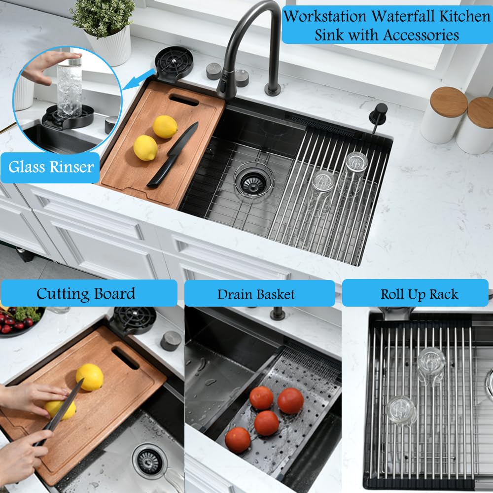 33 Inch Black Waterfall Kitchen Sink Undermount Workstation-Bokaiya 33x19 Undermount Black Stainless Steel Kitchen Sink with Waterfall 16 Guage Multifunction Single Bowl Sinks with Cutting Board