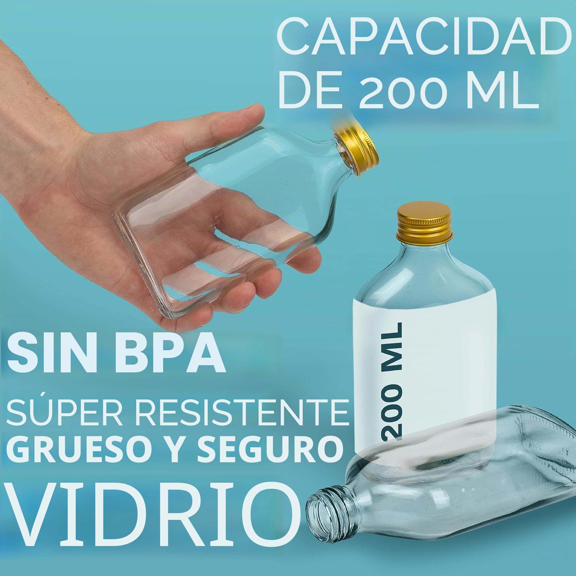 HEFTMAN Flask Botellas de Vidrio Pequeñas - Paquete de 10 Botellas de Vidrio de 200ml con Tapas, Vacías, Herméticas, Reutilizables Botella de 200ml - Perfectas para Ginebra, Vino, Vinagre, Bebidas