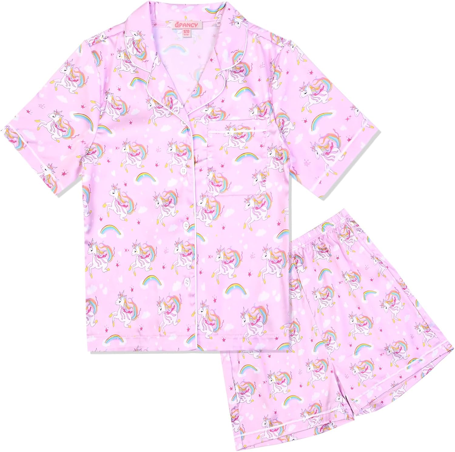 QPANCY Kids Satin Pajamas Sets Baby Boy Girl Button-Down Silk Sleepwear 2 Piece Short Sleeve Loungewear Clothes Set