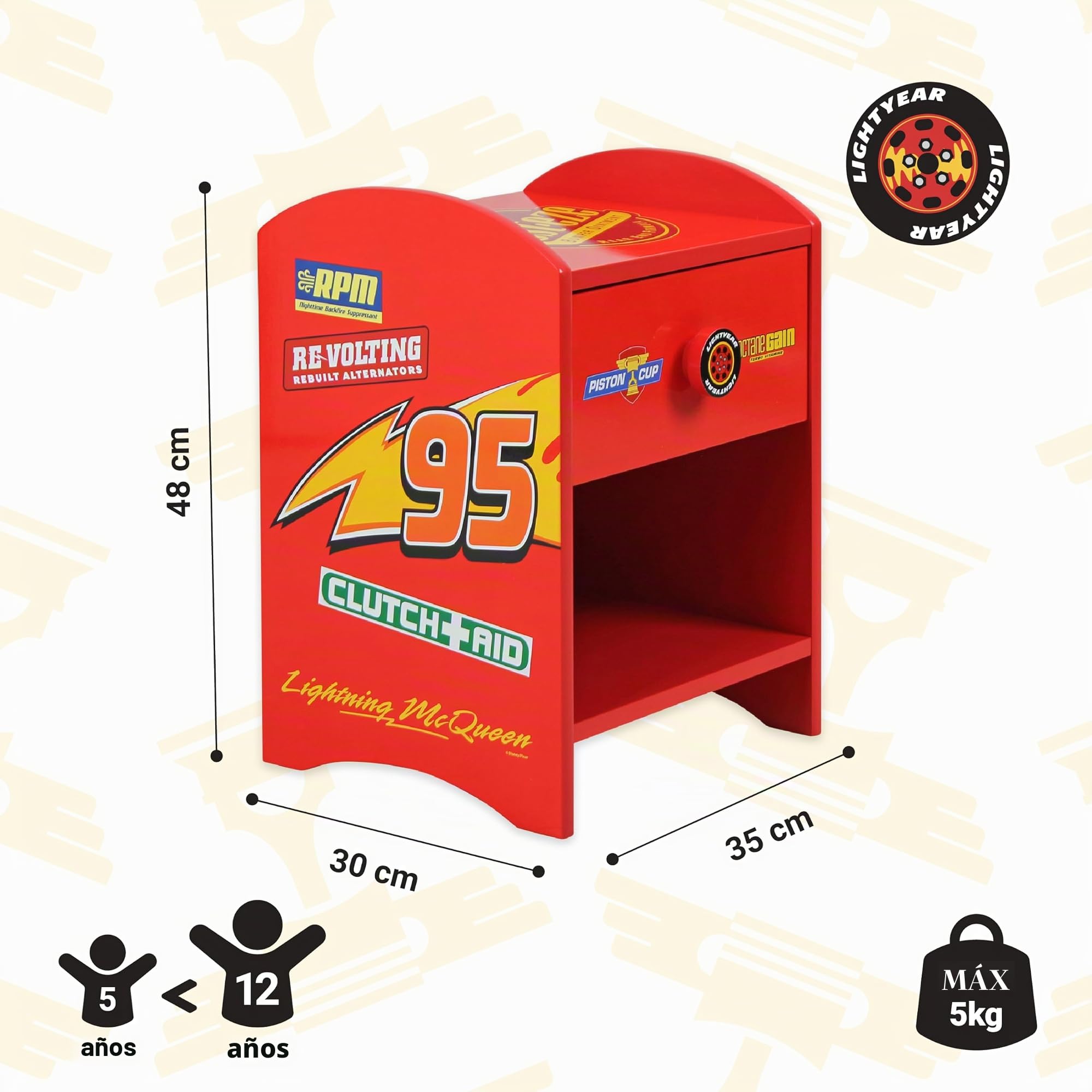 Disney Cars Rayo McQueen Mesita de noche de madera resistente, diseño de 2 niveles, gran almacenamiento, pequeña mesa auxiliar con cajón y estante de almacenamiento, para dormitorio infantil