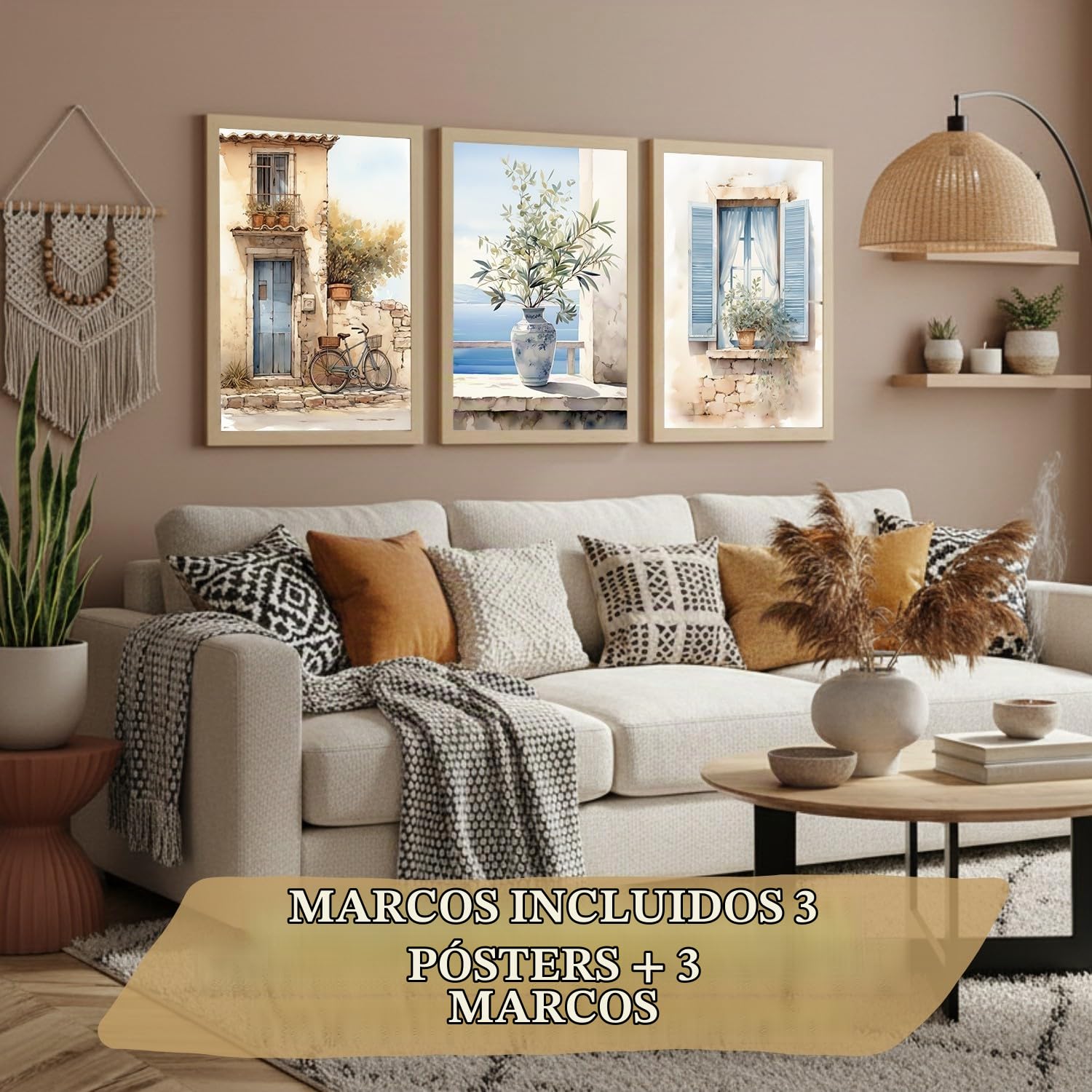 Nacnic Set De 3 Laminas Decorativas Pared Maritimo, Relax. Cuadros Salon Modernos - Posters Decorativos Azules En Acuarela. Mediterraneo. Decoración Dormitorios. A3 Marco Madera Clara