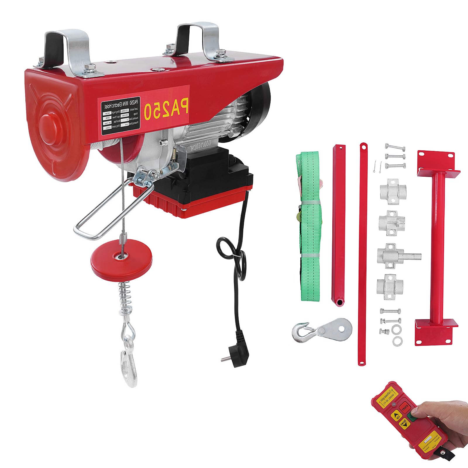 Seilwinde Elektrisch 230V 10 m/min EK & 5 m/min DK Elektrische Seilwinde mit Funkfernbedienung | Hubhöhe 12m | 125KG | Endabschaltung | 12m Stahlseil | Seilzug (Halterung)