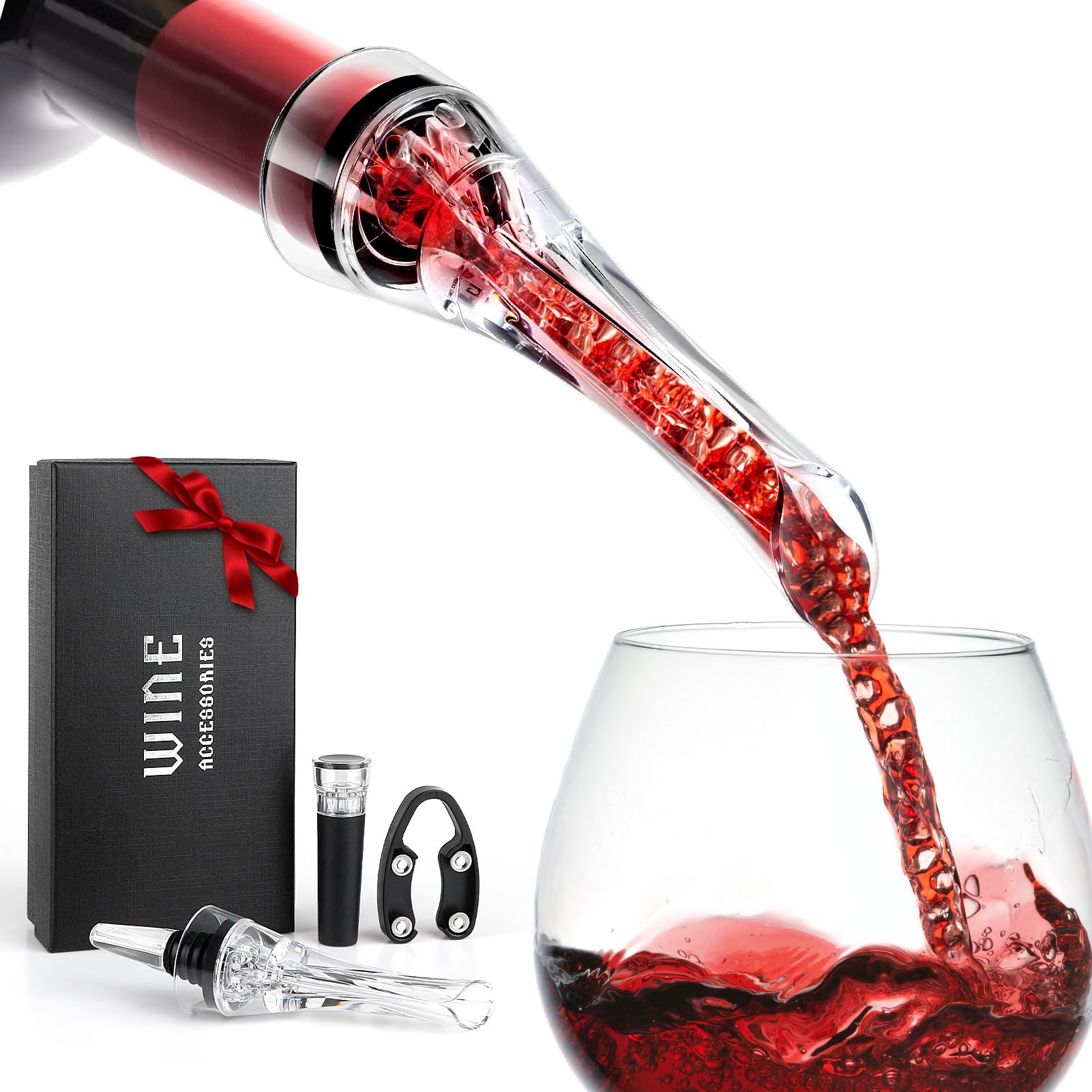 NEUTYPECHIC Wine Aerator Pourer, No Drip, Decanter, 1 Gallon Per Day, Red, Safe Silicone Material, Quick Aeration, Anti-Drip Design, Vacuum Stopper, Gift Box