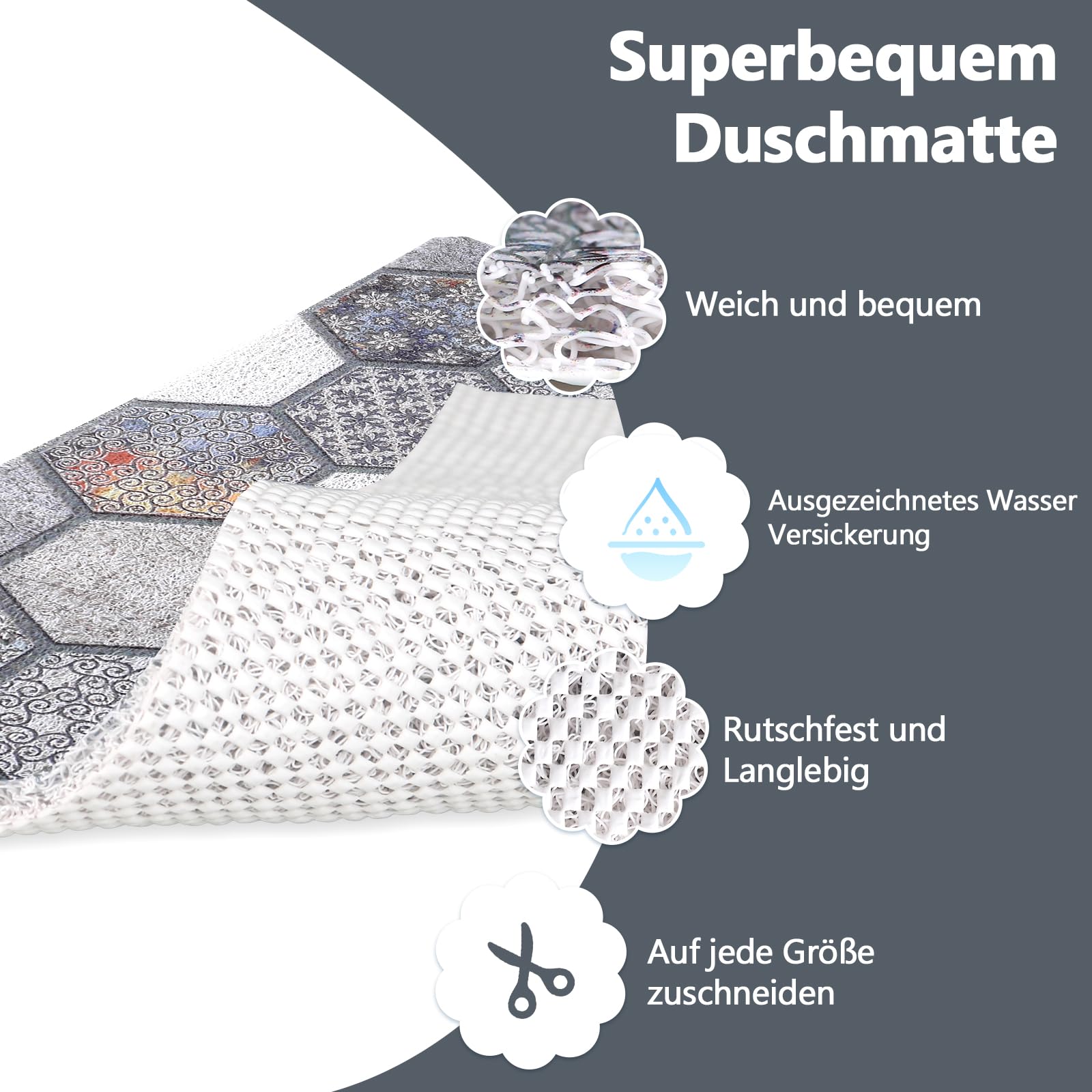 Duschmatte rutschfest Antirutschmatte Dusche 60 x 60 cm: Weich Komfort PVC Luffa Duscheinlage rutschfest mit Ablauflöchern - Schnell Trocknend Anti-Schimmel Rutschmatte Dusche