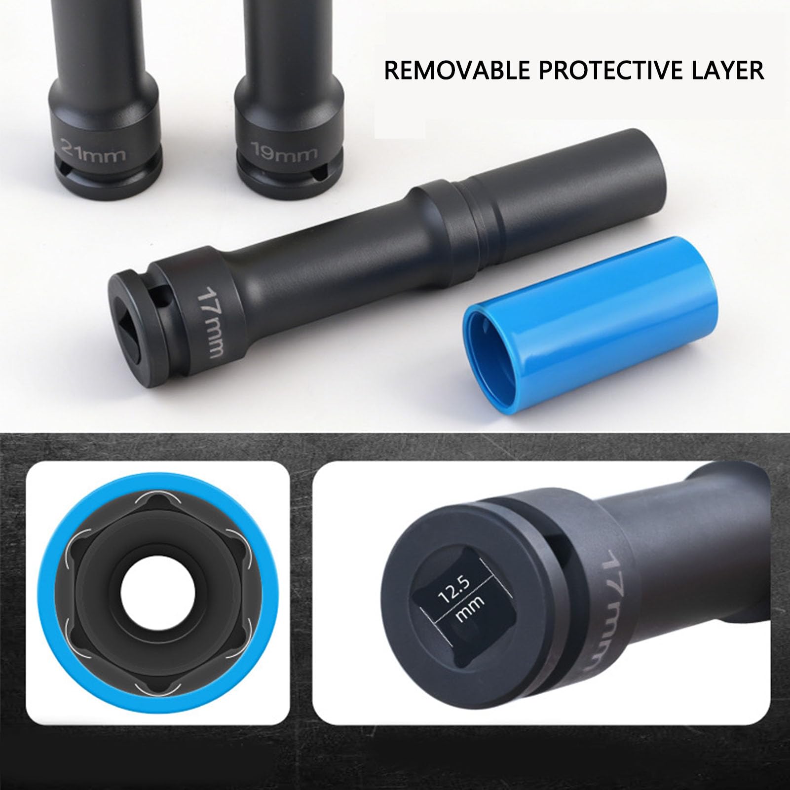 Set di 3 bussole per dadi con aletta a parete sottile, bussola a impatto anti-rottura da 1/2 pollice, bussola profonda extra lunga per protezione ruota, 17 mm 19 mm 21 mm